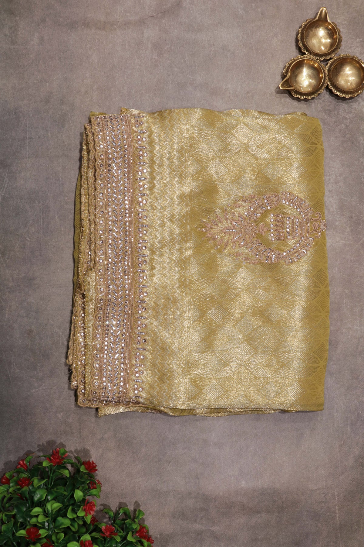 Lime Yellow Zari Weave Saree with Zardosi Work