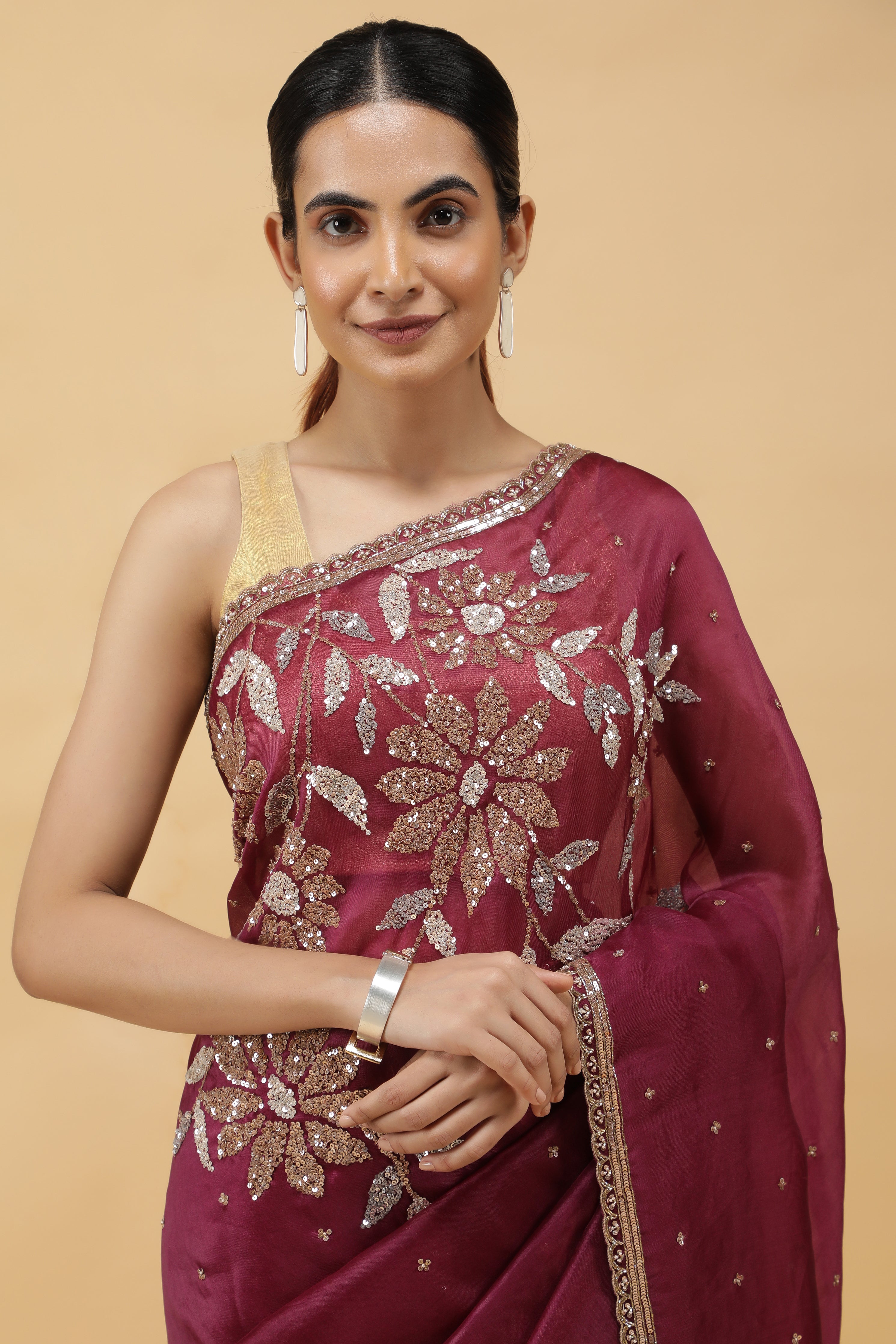 Wine  Organza Saree with Silver & Gold Sequin Embroidery