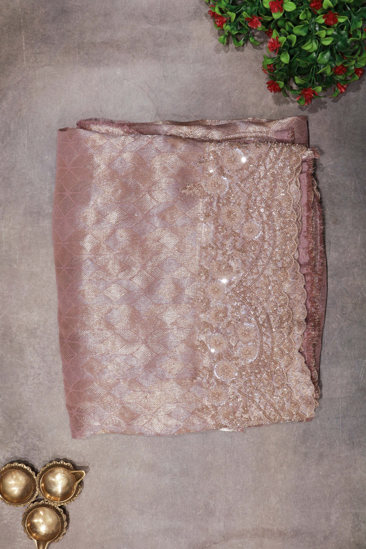 Peach Zari Weave Saree with Scalloped Border