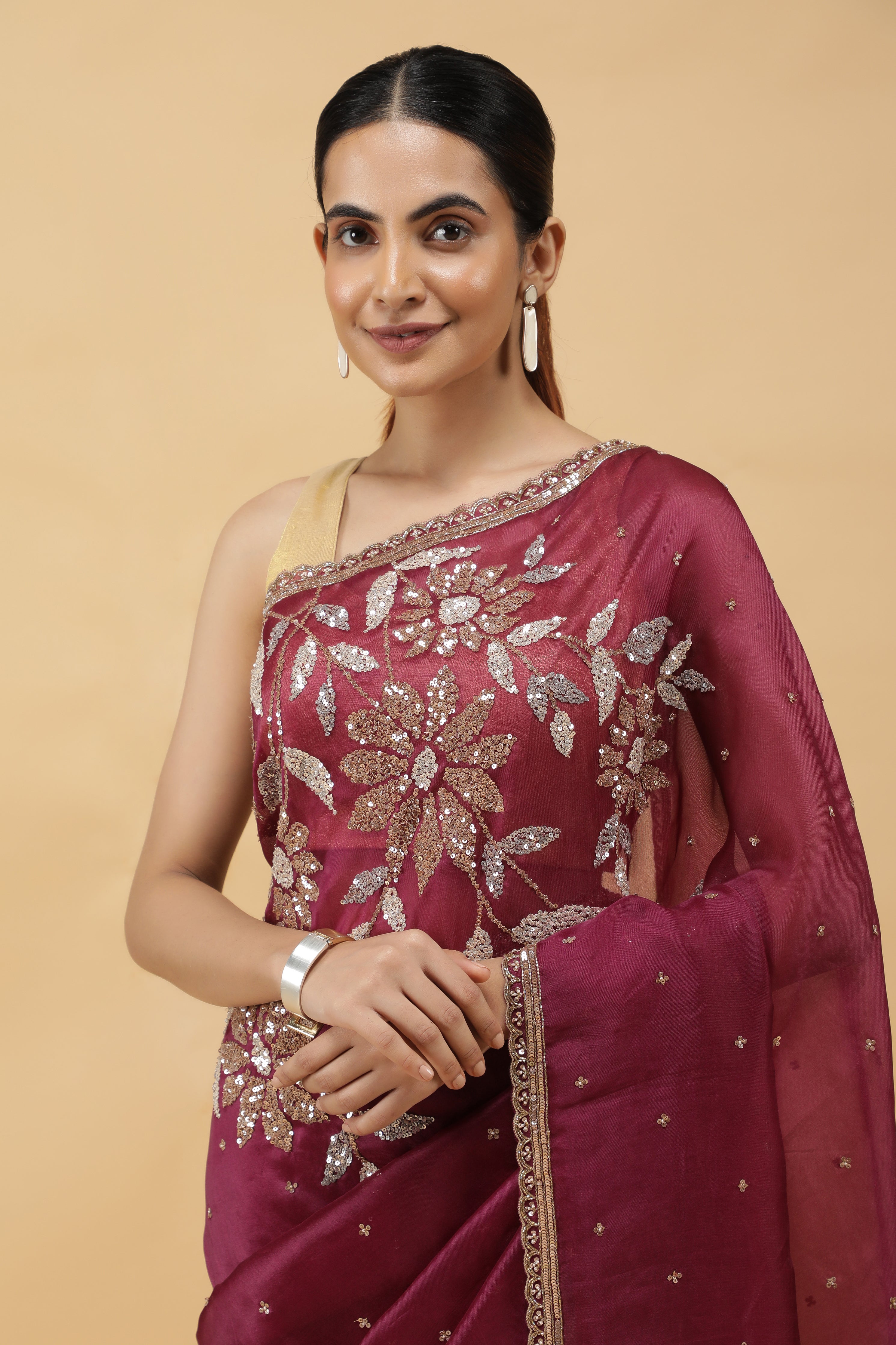 Wine  Organza Saree with Silver & Gold Sequin Embroidery