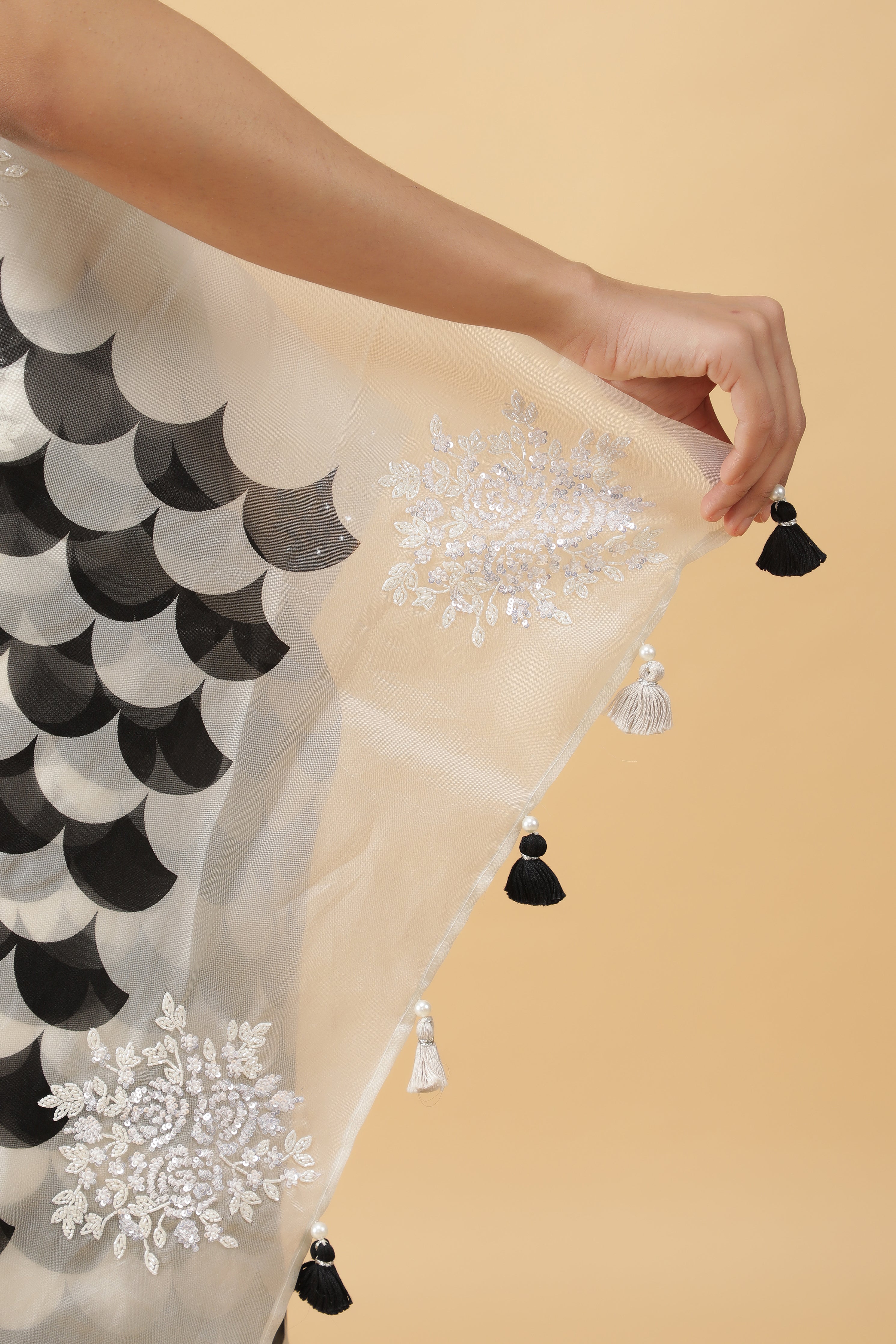 Black & White Kora Silk Saree with Sequin Embroidery