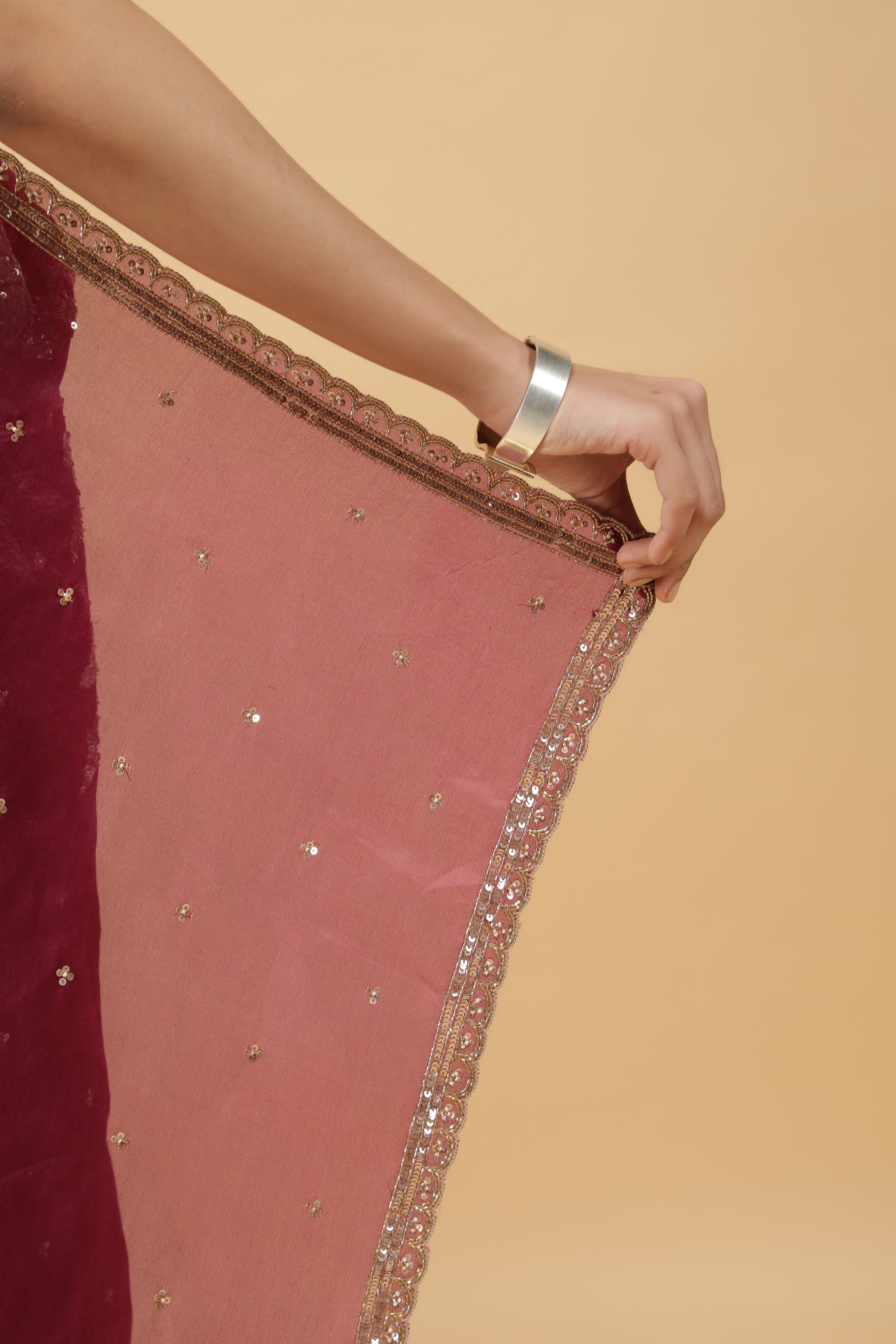 Wine  Organza Saree with Silver & Gold Sequin Embroidery