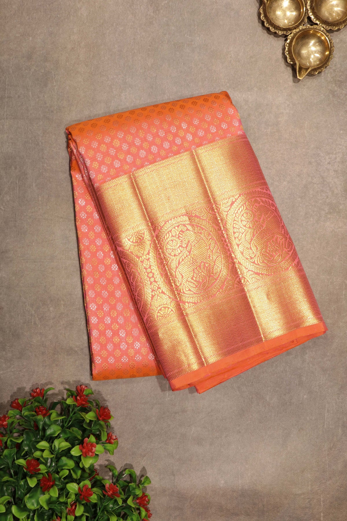 Orange Peach Kanchivaram Silk Saree