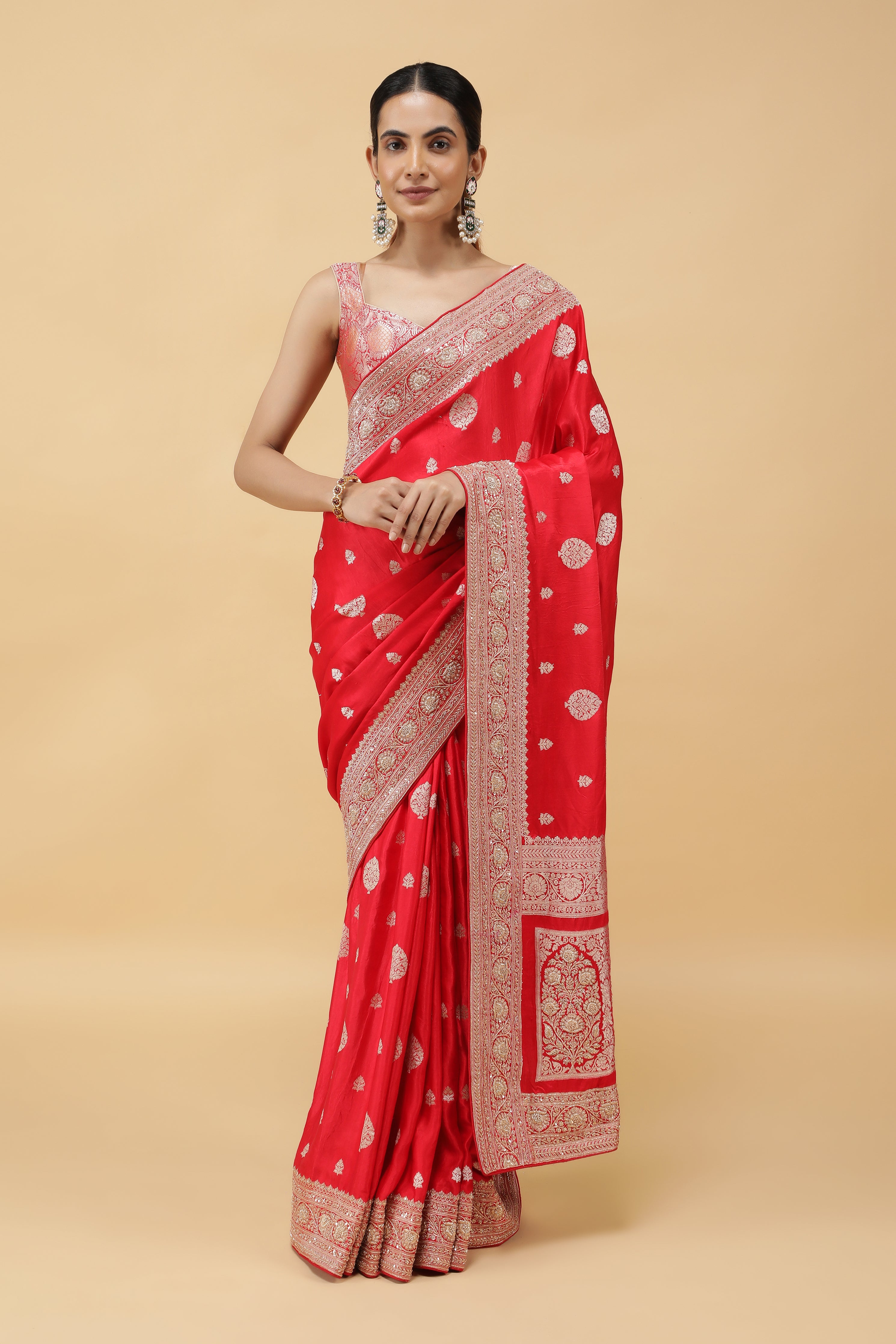 Red Banarasi Mashroom Silk Saree with Zari & Jardhosi Border