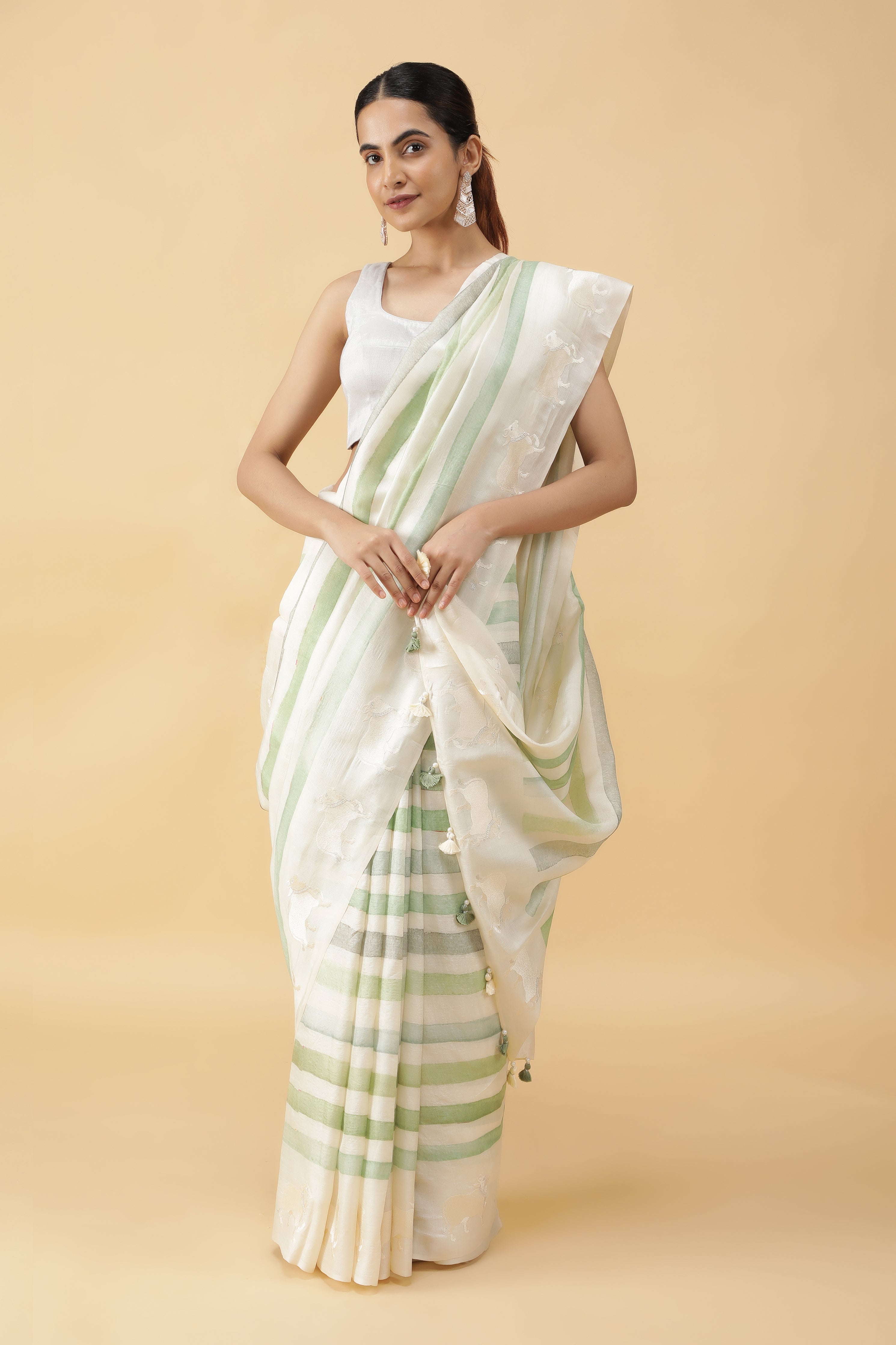 Green & Off White Tussar Silk Saree with Animal Motifs