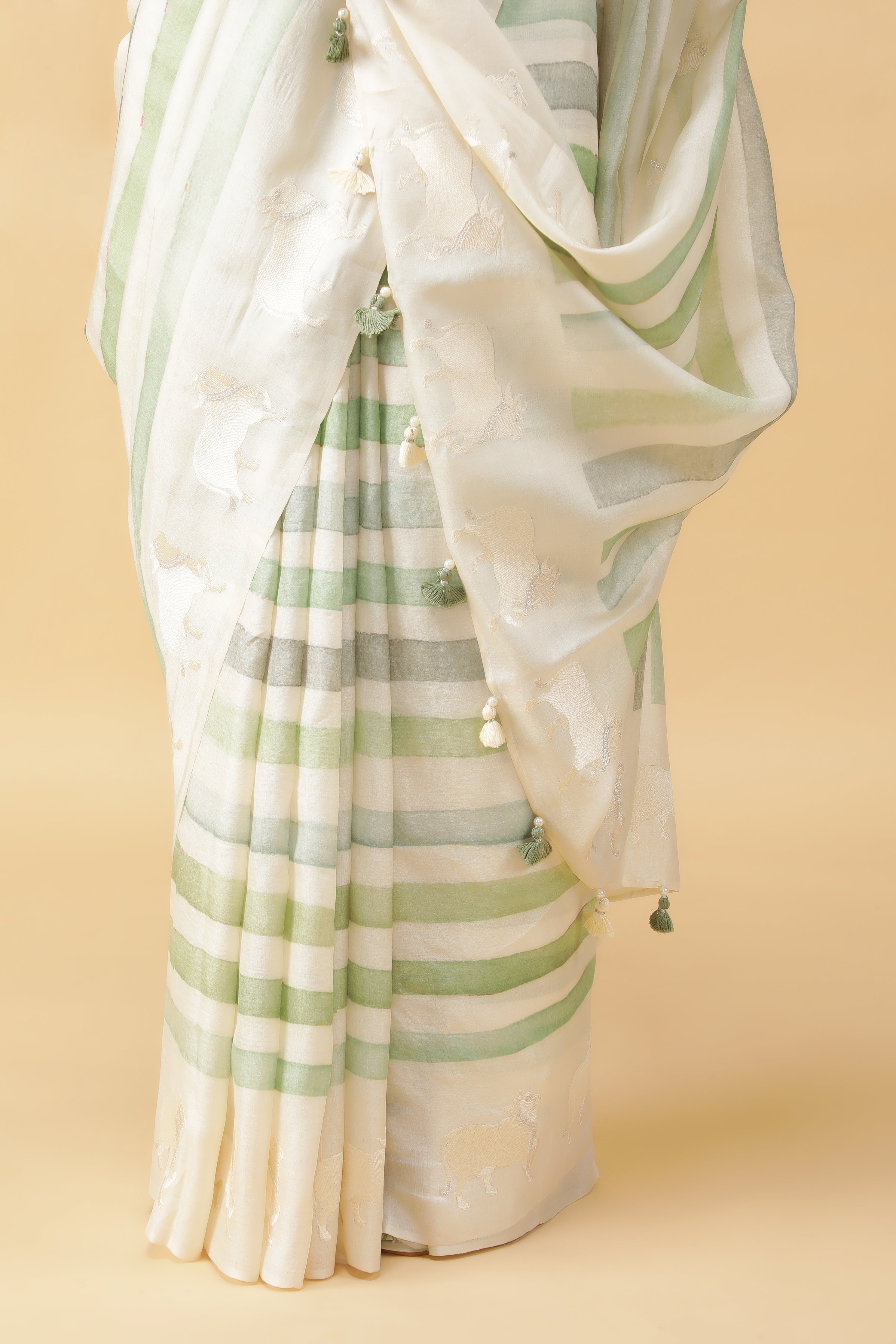 Green & Off White Tussar Silk Saree with Animal Motifs