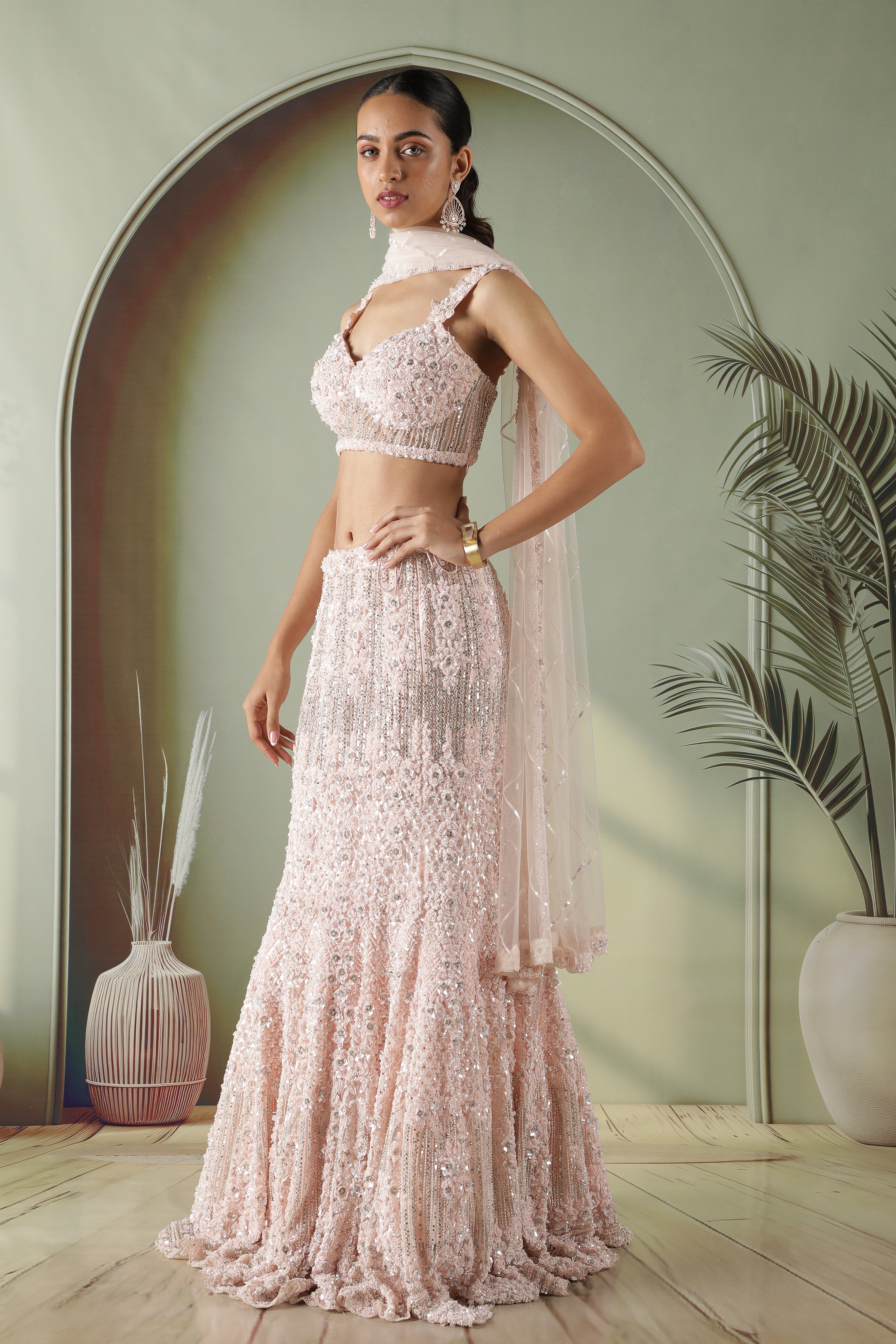 Blush Pink Sequin & Pearl Embellished Mermaid Lehenga Set