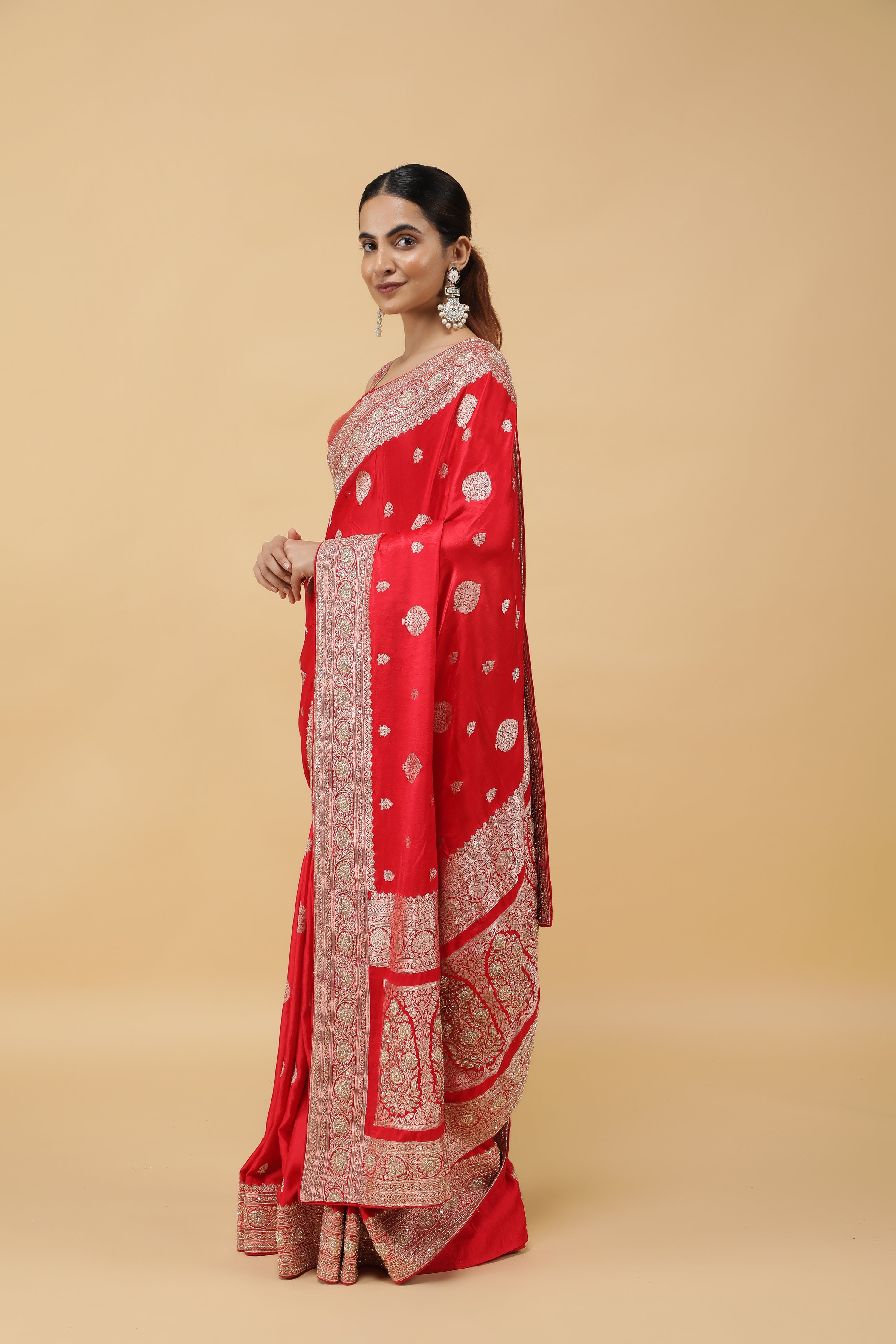 Red Banarasi Mashroom Silk Saree with Zari & Jardhosi Border