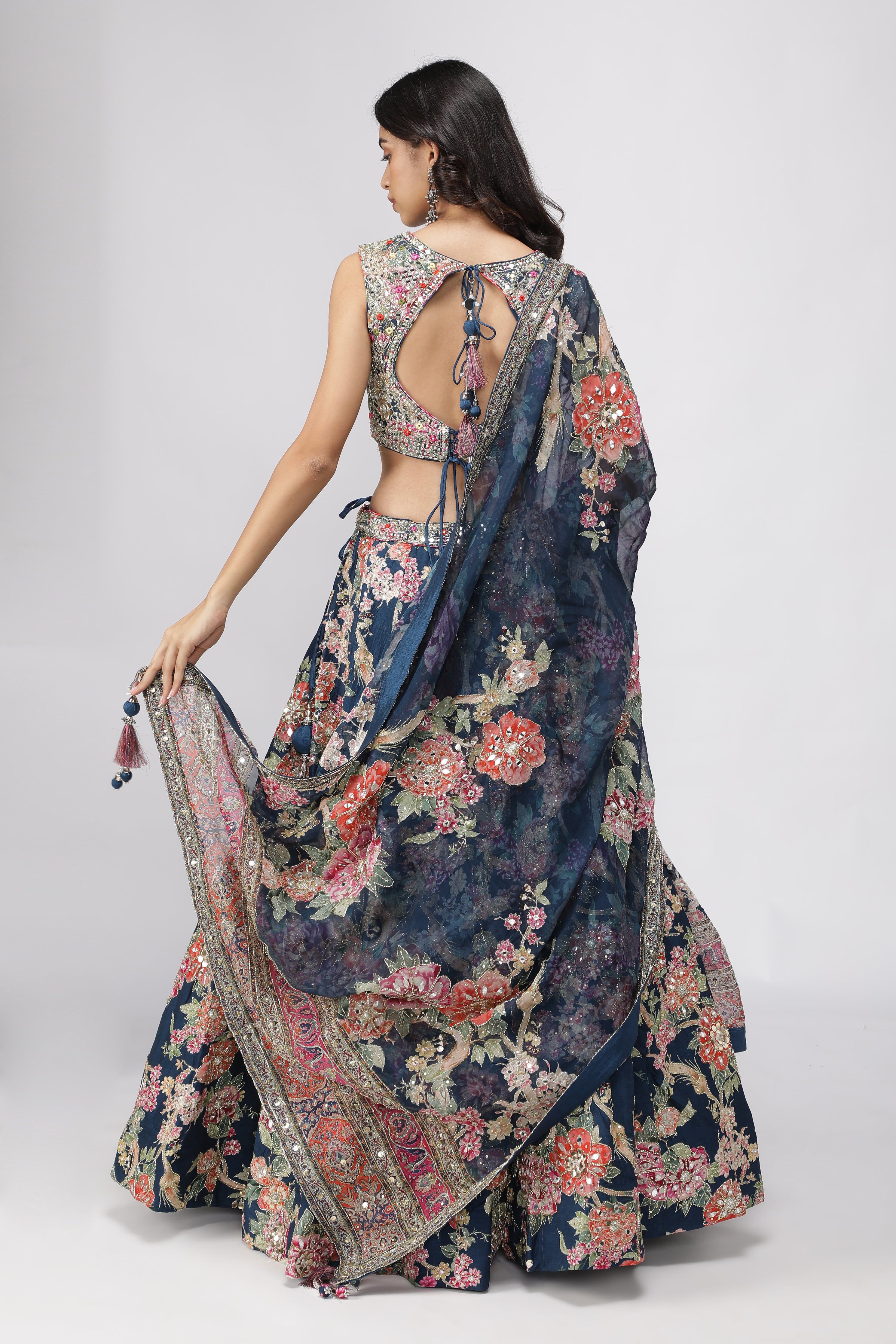 Navy Blue Silk Printed Lehenga Set