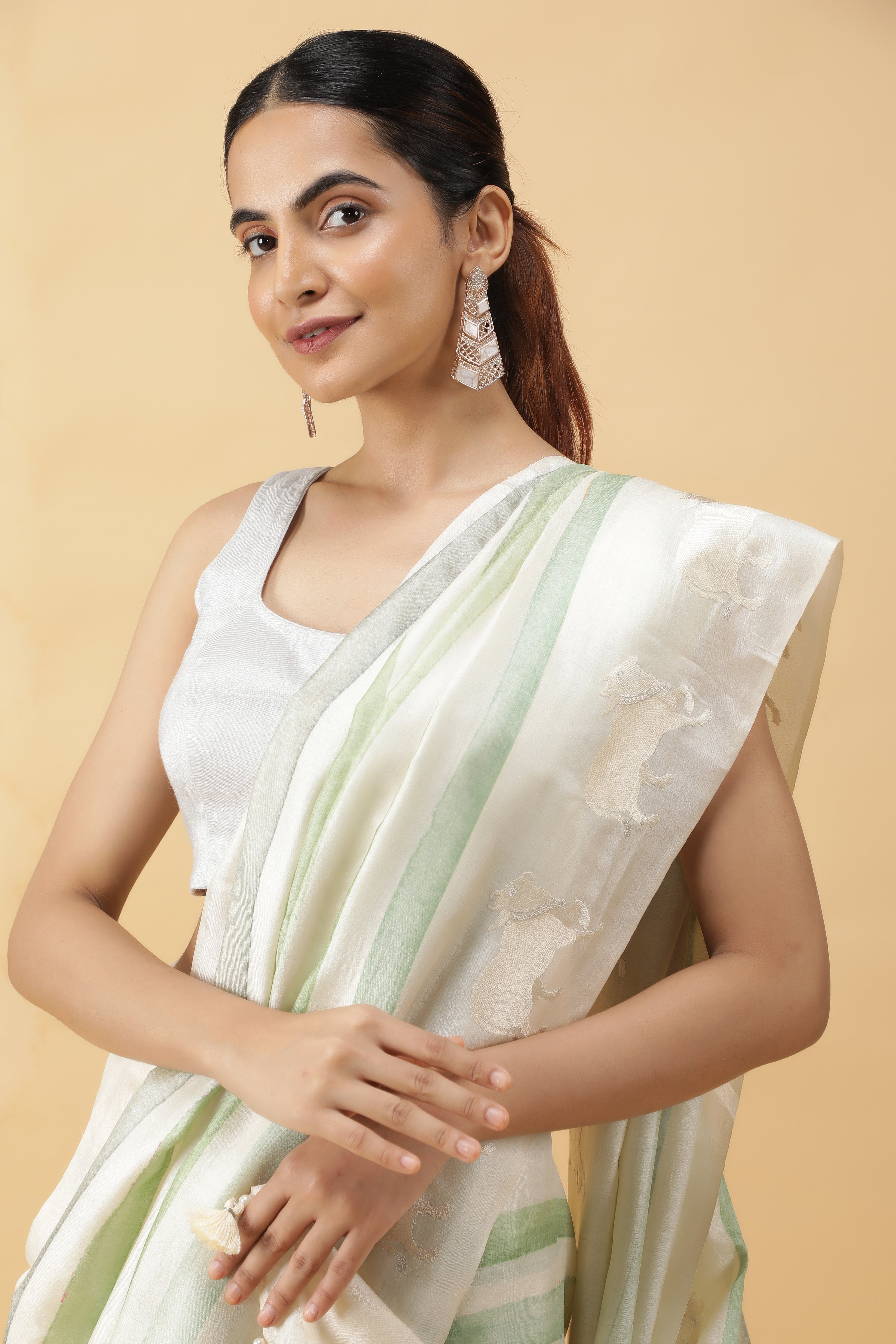 Green & Off White Tussar Silk Saree with Animal Motifs