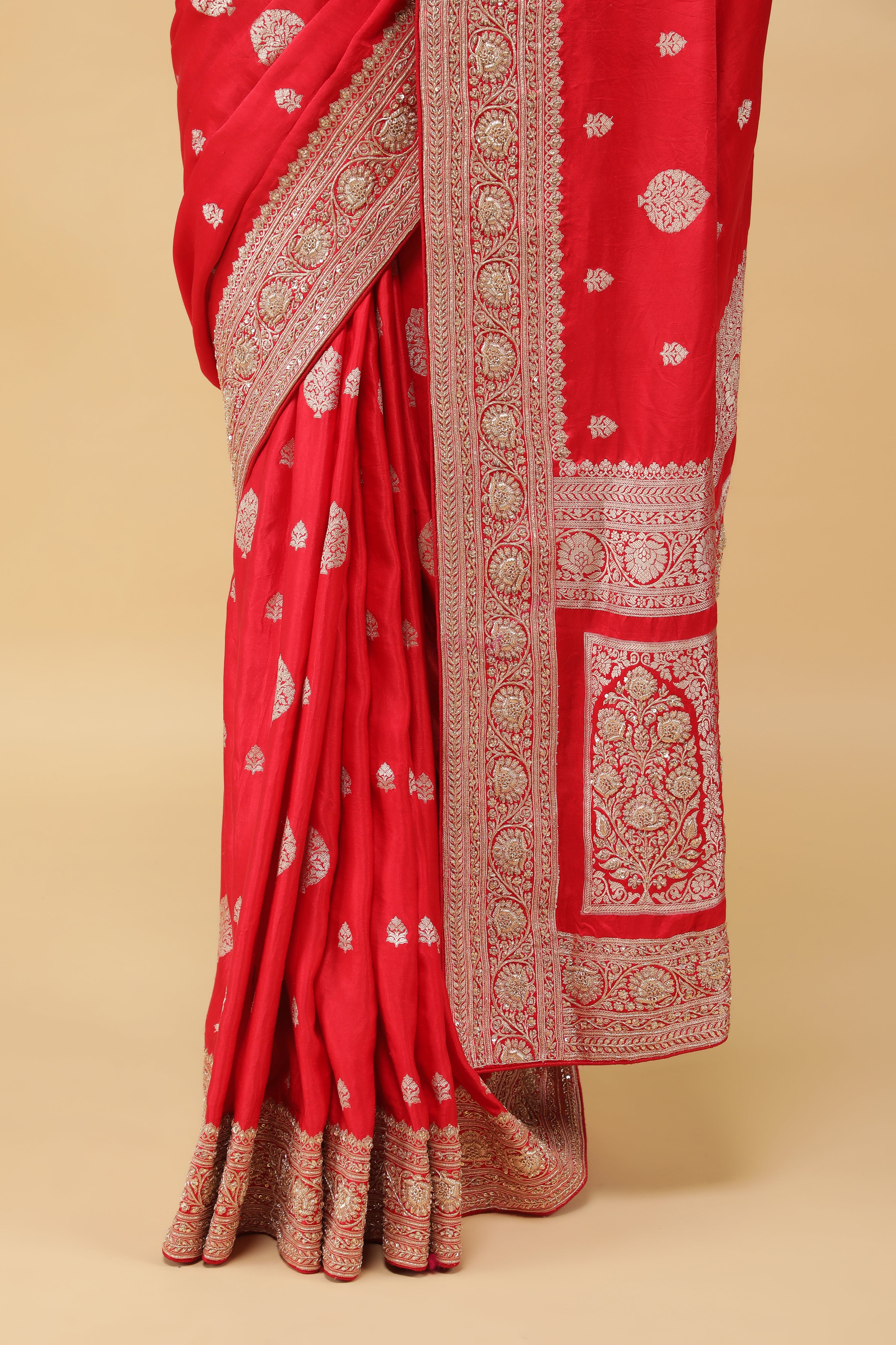 Red Banarasi Mashroom Silk Saree with Zari & Jardhosi Border