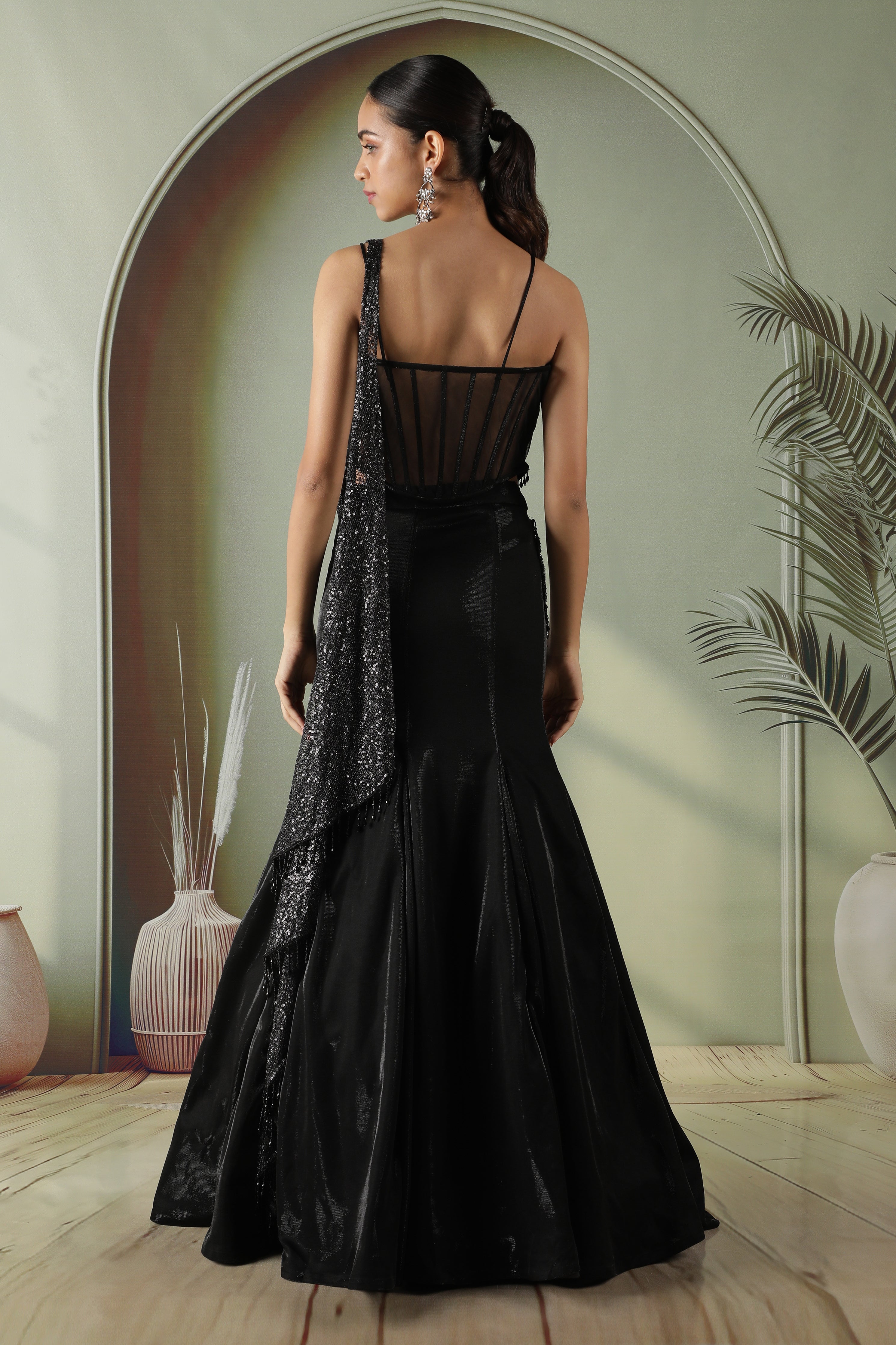 Black Net Corset Blouse with Fish Cut Lehenga