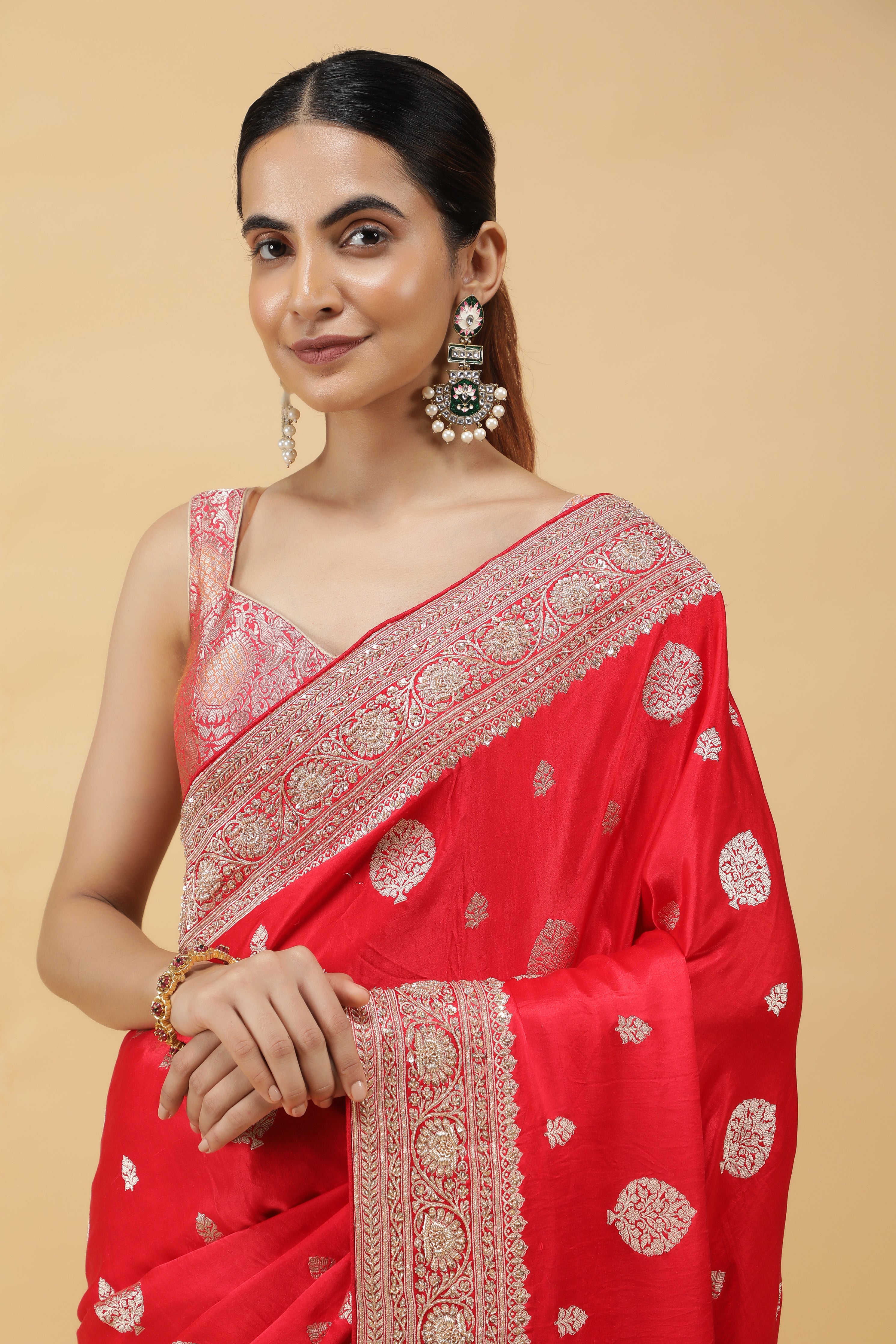 Red Banarasi Mashroom Silk Saree with Zari & Jardhosi Border