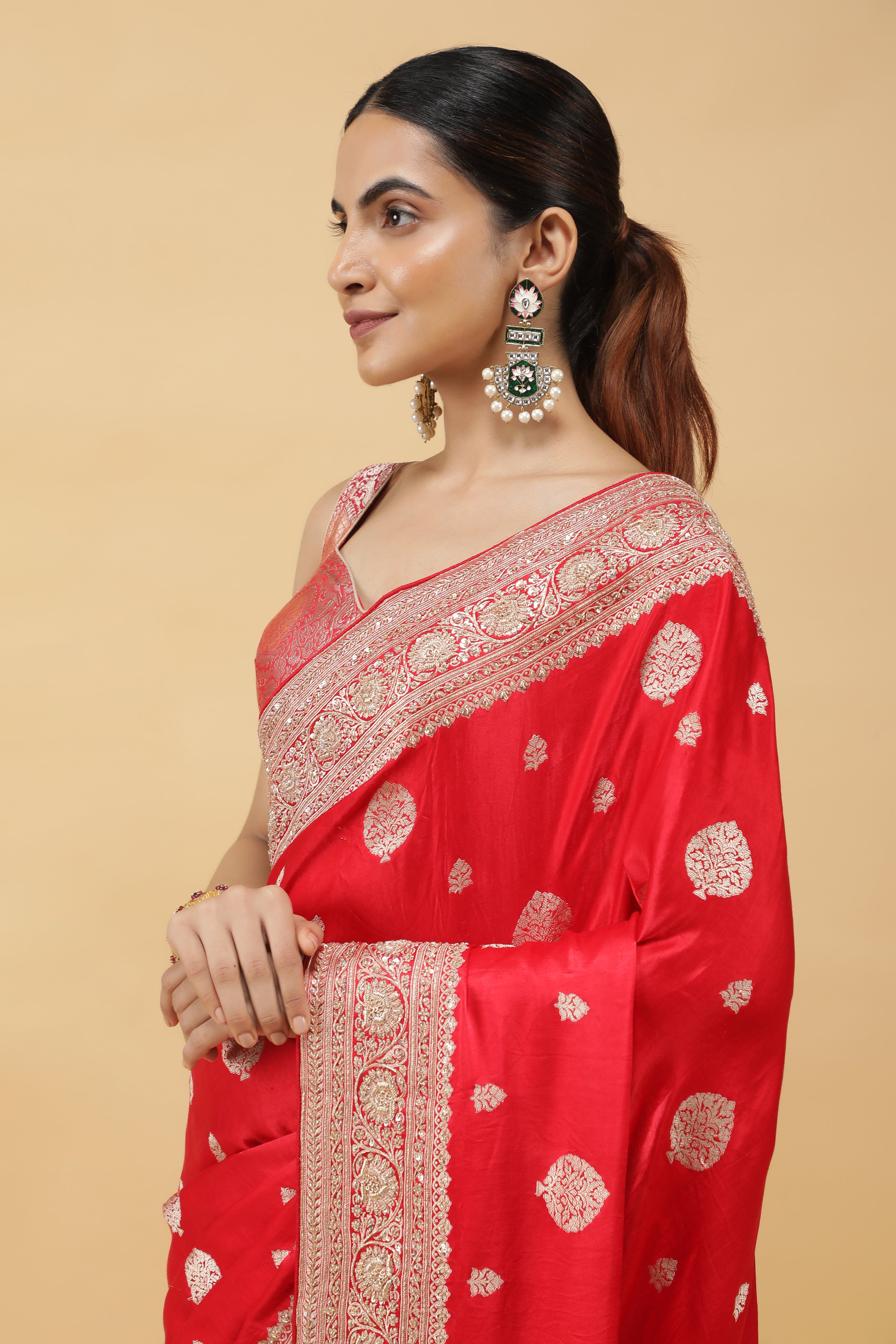 Red Banarasi Mashroom Silk Saree with Zari & Jardhosi Border