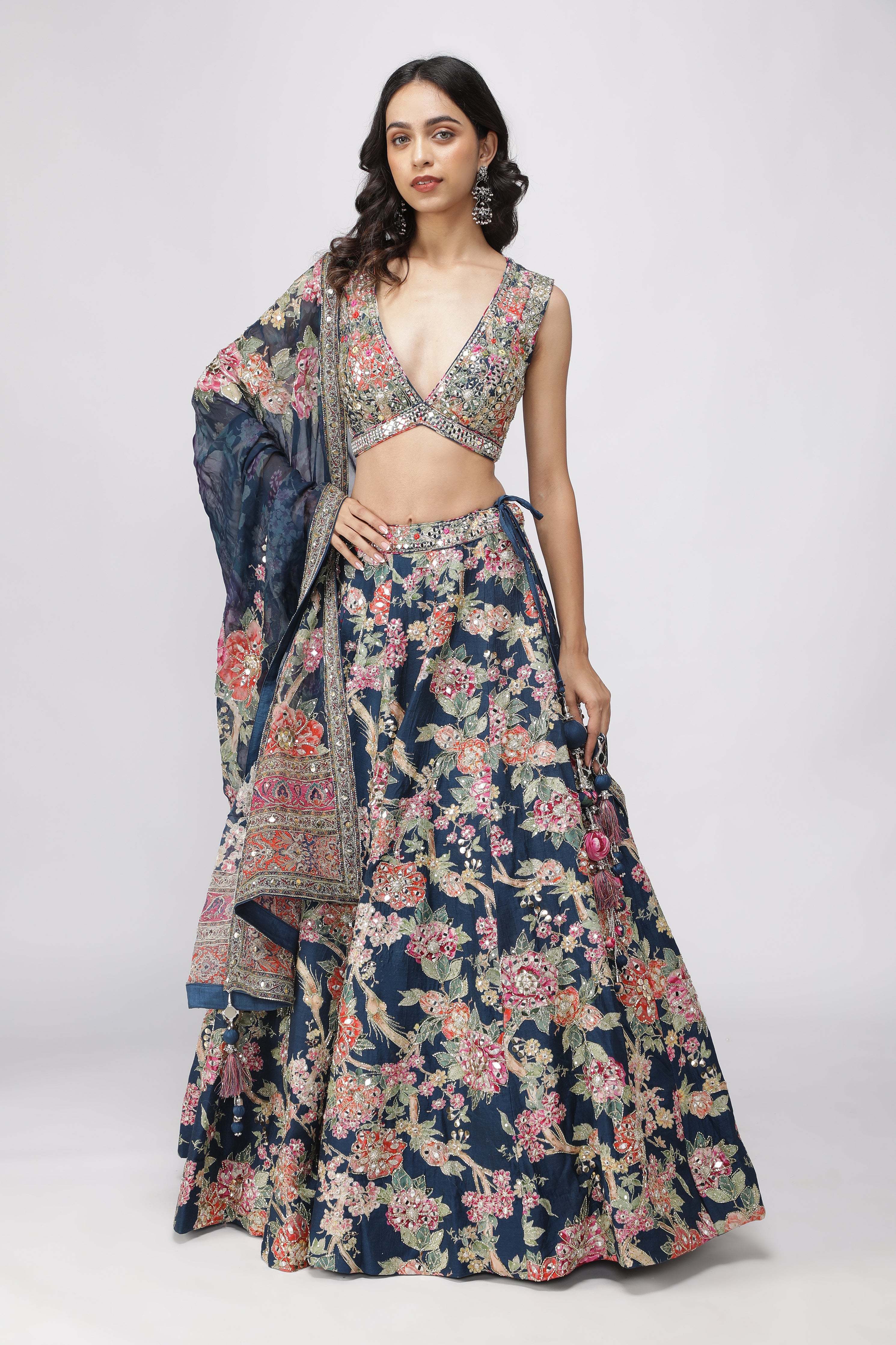Navy Blue Silk Printed Lehenga Set