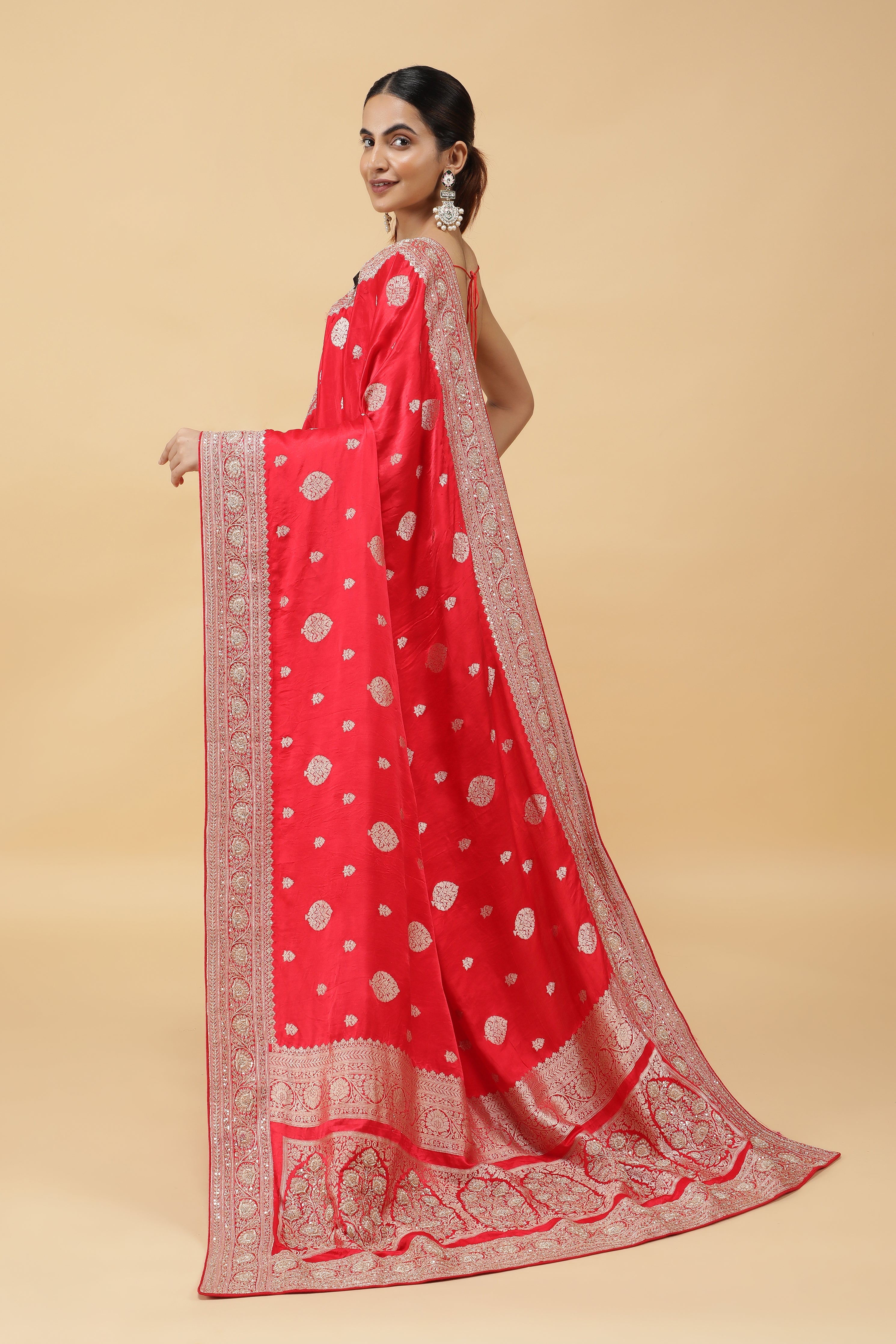 Red Banarasi Mashroom Silk Saree with Zari & Jardhosi Border
