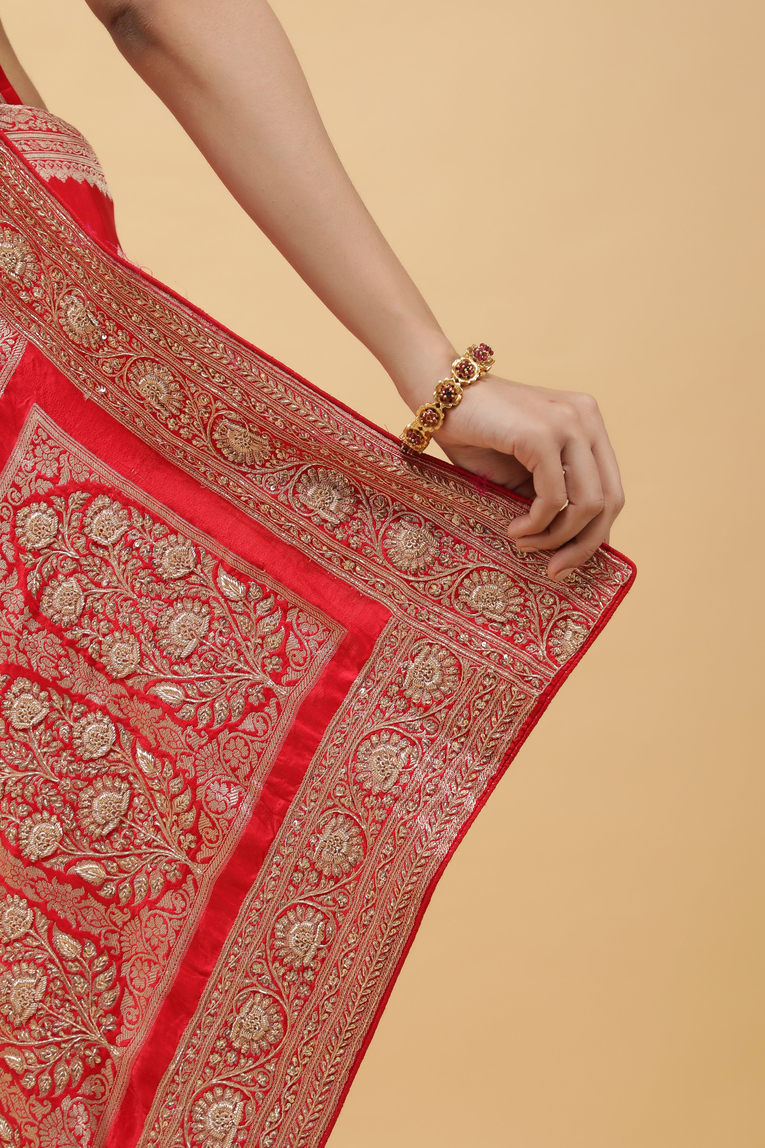 Red Banarasi Mashroom Silk Saree with Zari & Jardhosi Border