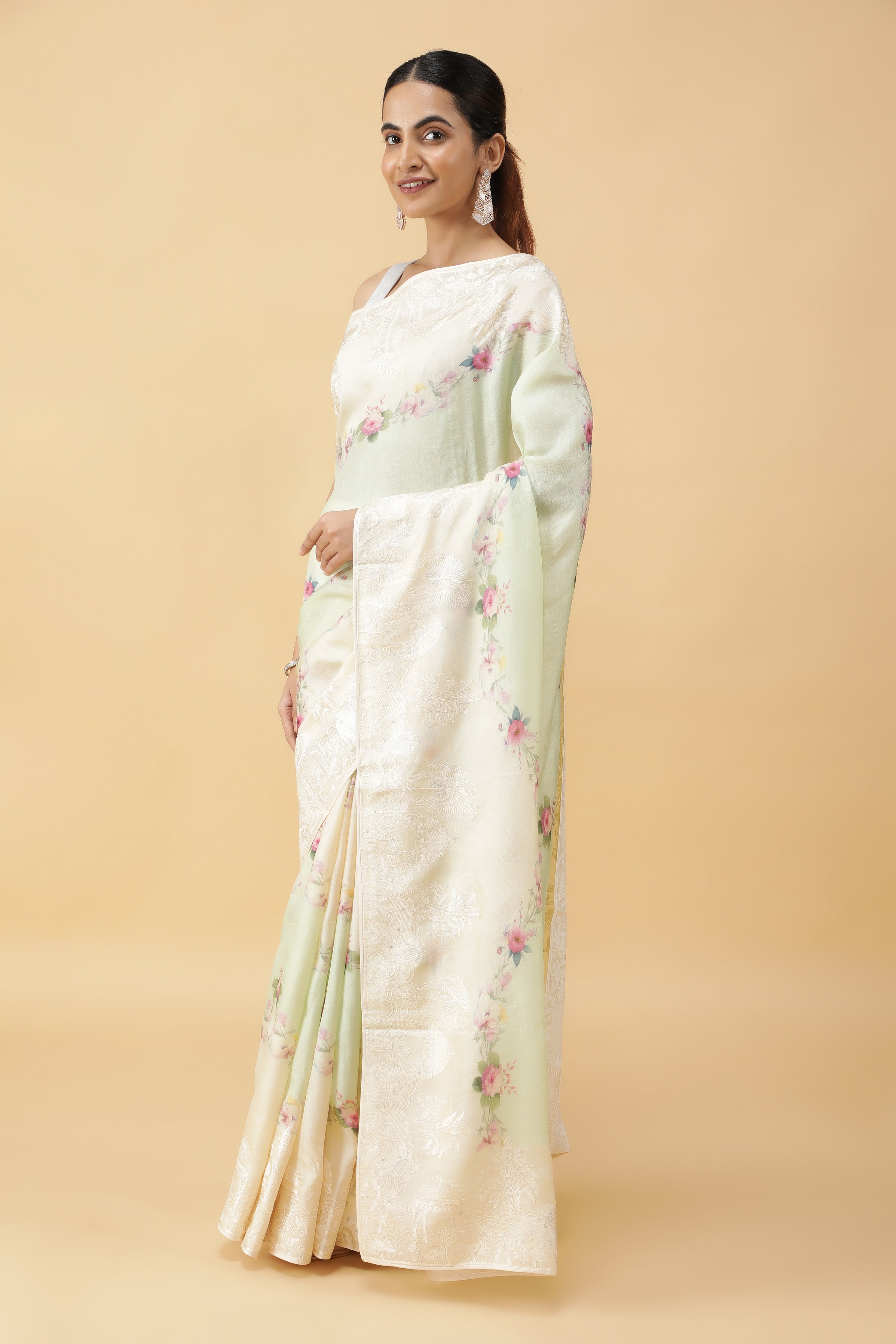 Light Green Tussar Silk Saree with Floral Print