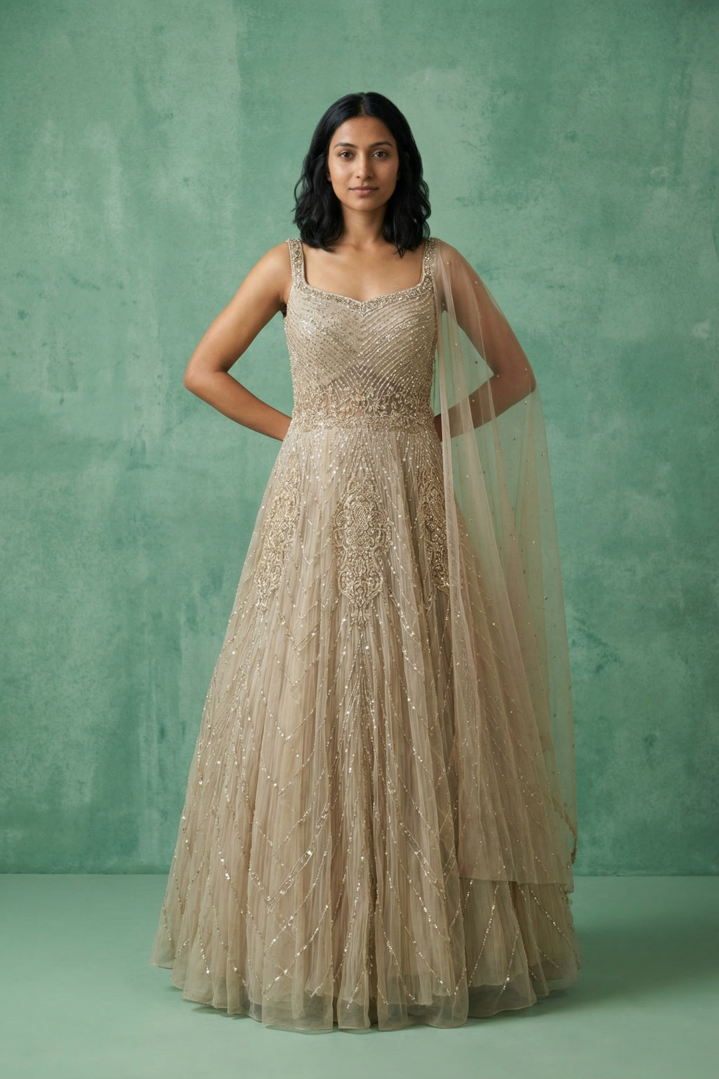 Champagne Beaded Gown with Sheer Drape