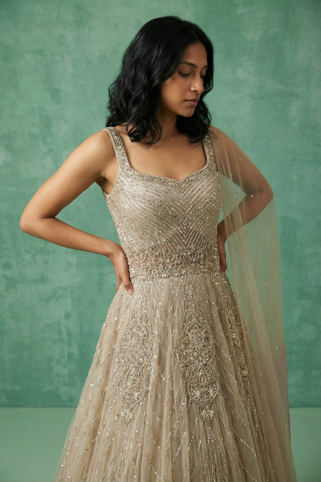 Champagne Beaded Gown with Sheer Drape