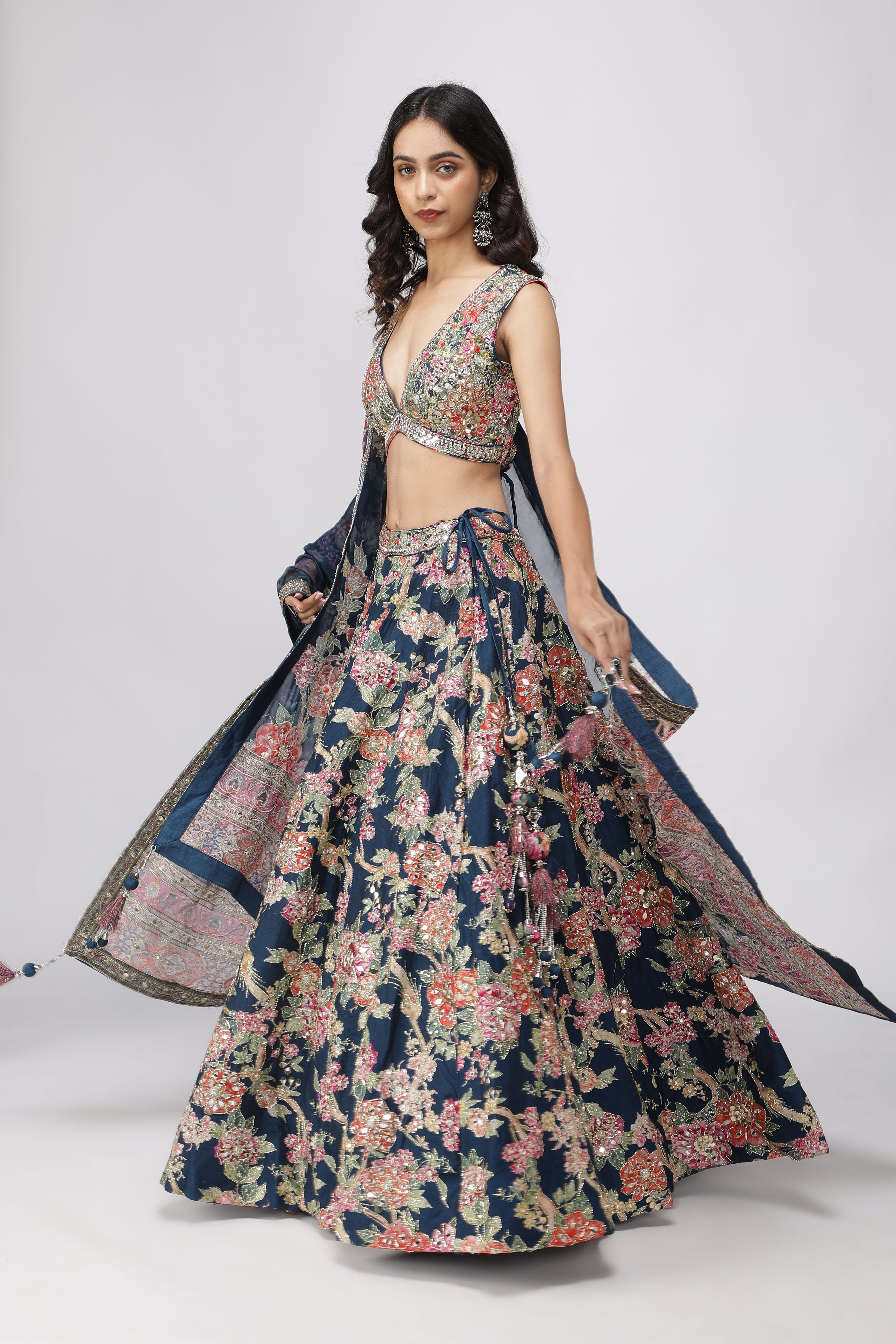 Navy Blue Silk Printed Lehenga Set