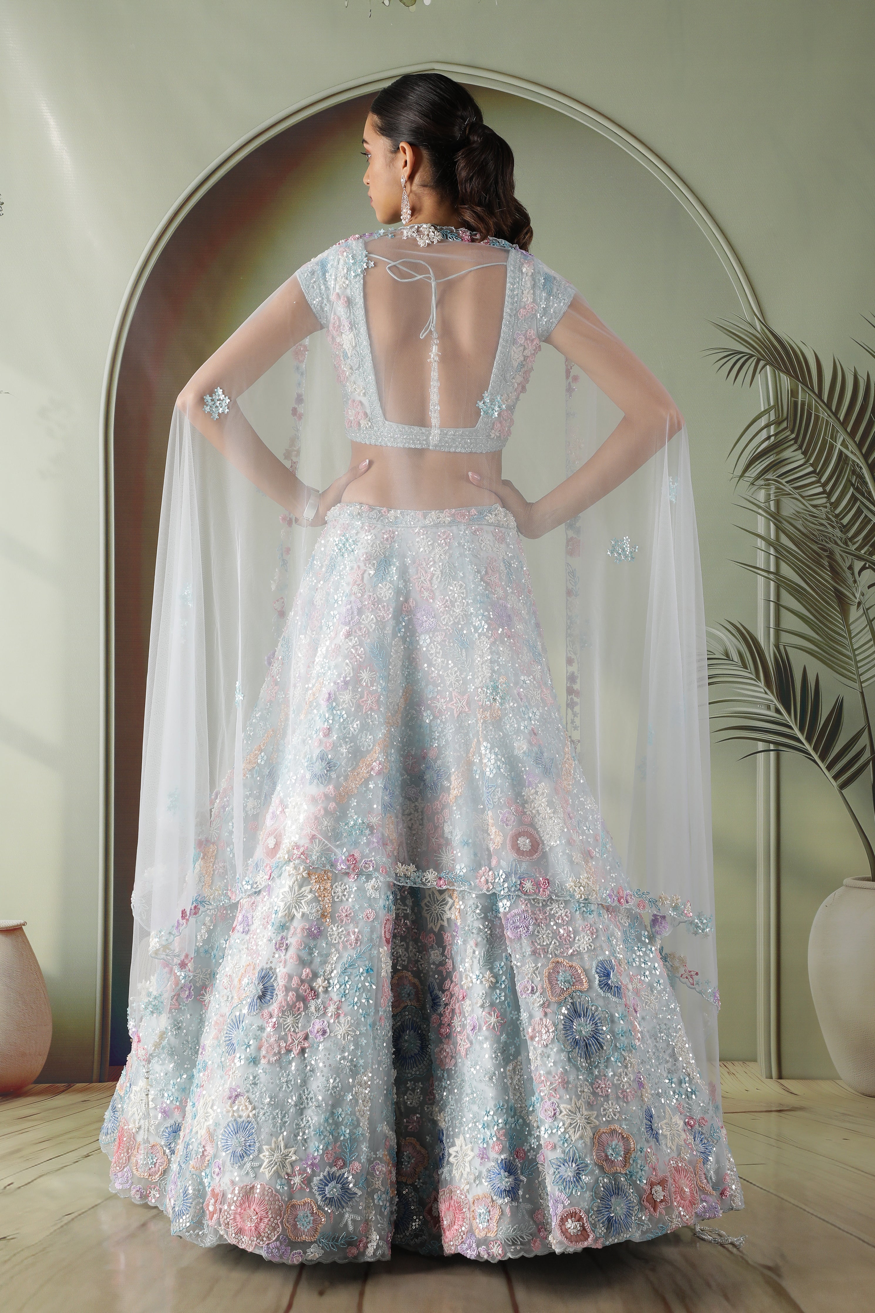 Powder Blue Multicolor Embroidered Net Lehenga Set