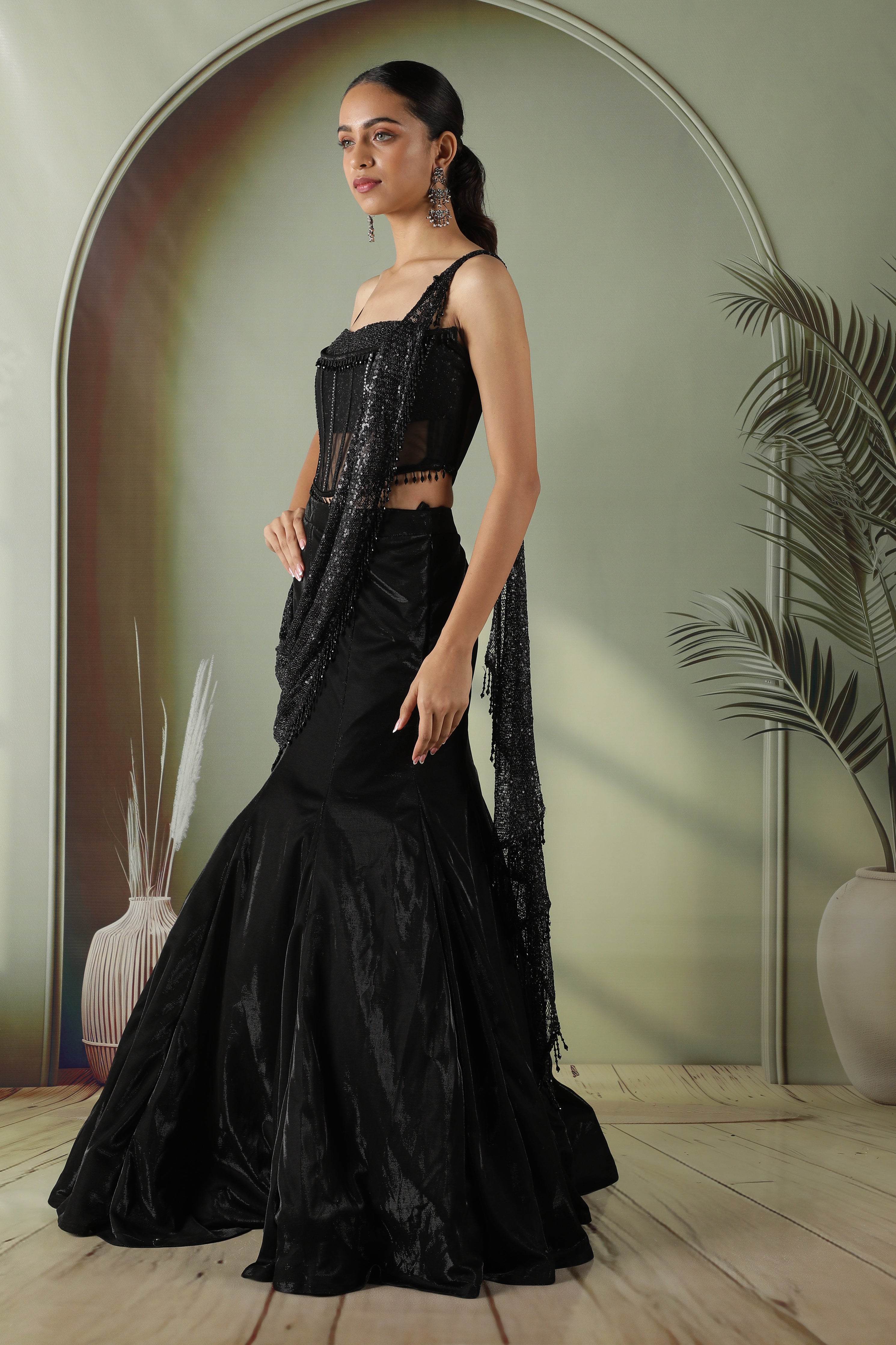 Black Net Corset Blouse with Fish Cut Lehenga