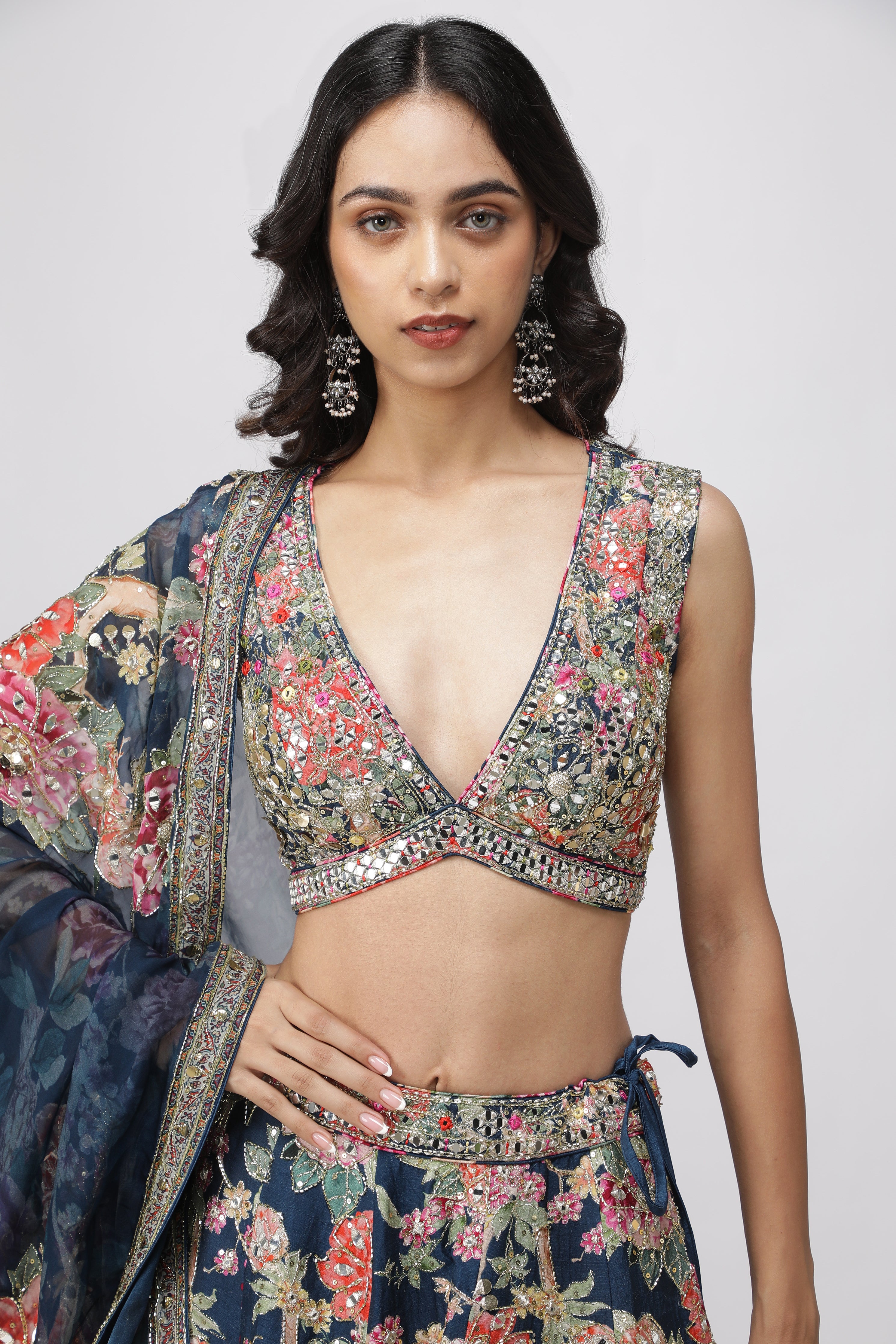 Navy Blue Silk Printed Lehenga Set