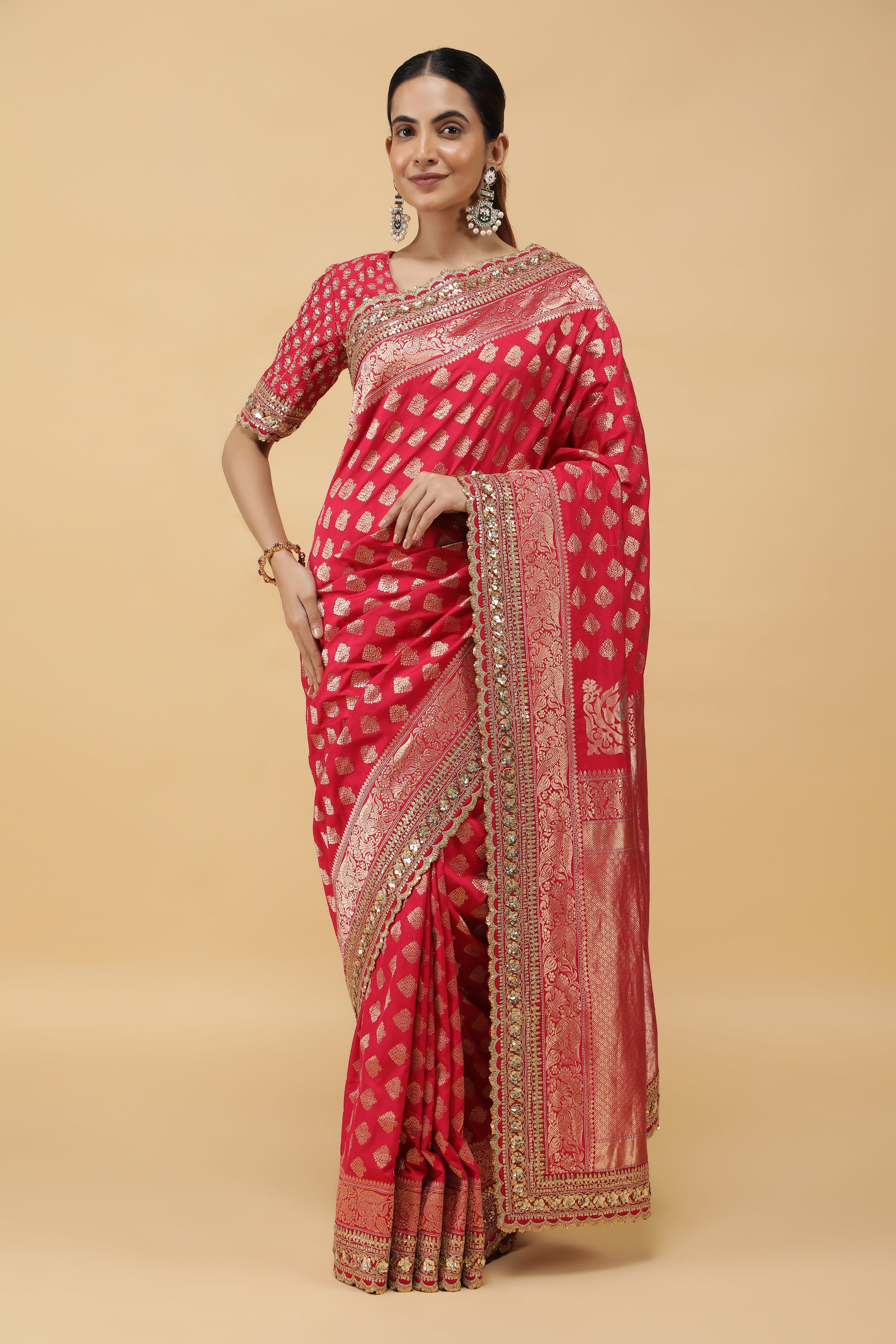 Pinkish Red Banaras Silk Saree with Gold Sequin Zari Border