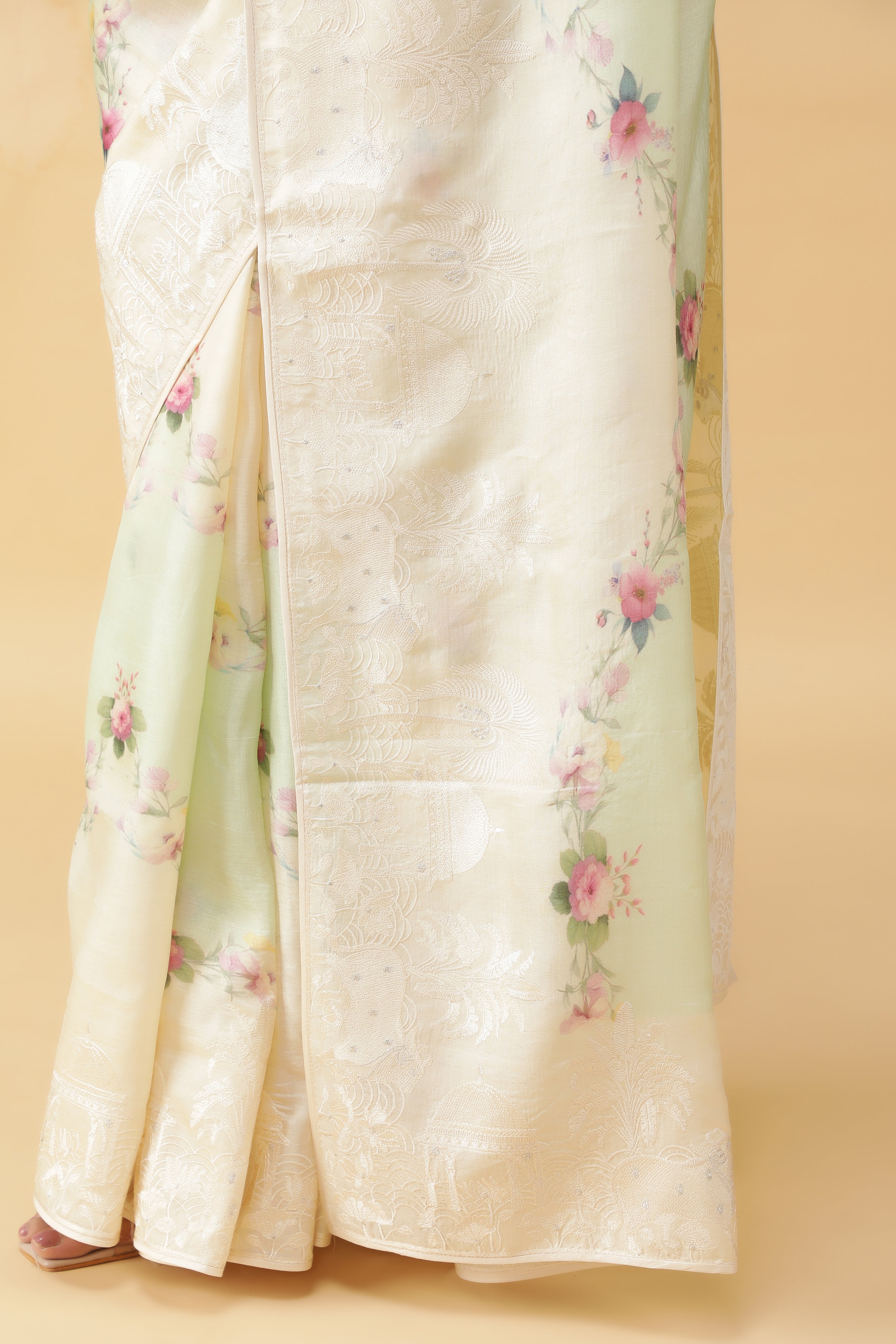 Light Green Tussar Silk Saree with Floral Print