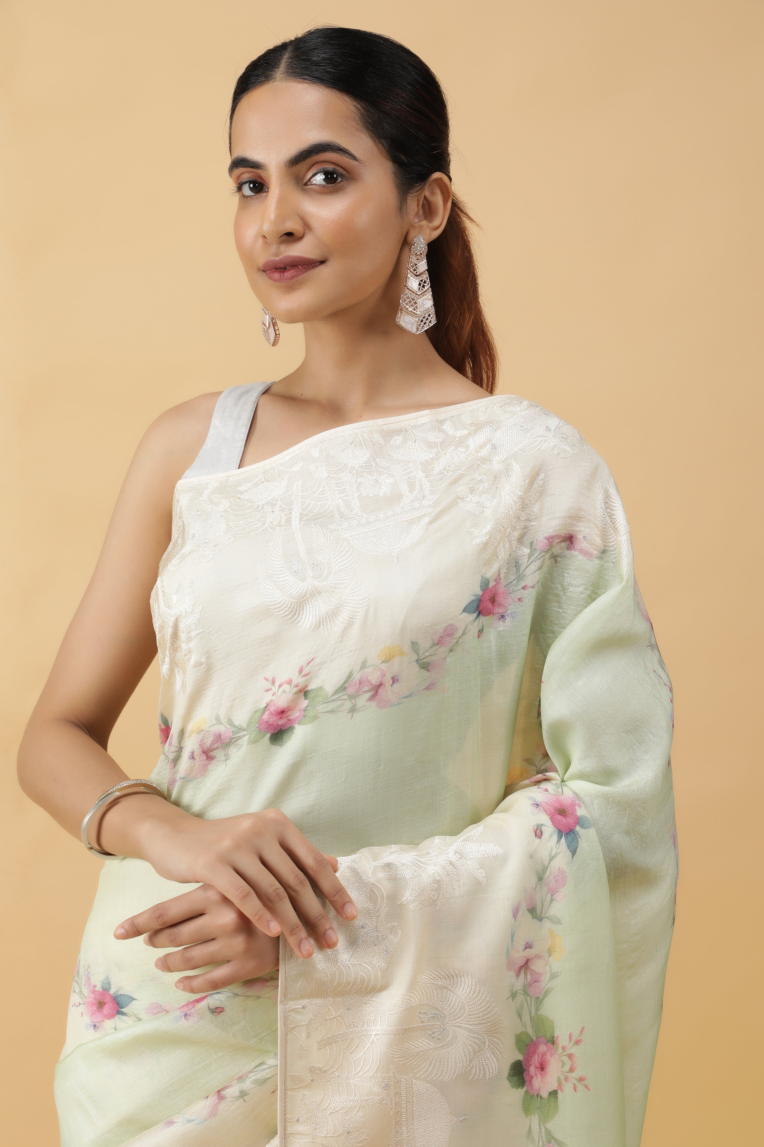 Light Green Tussar Silk Saree with Floral Print