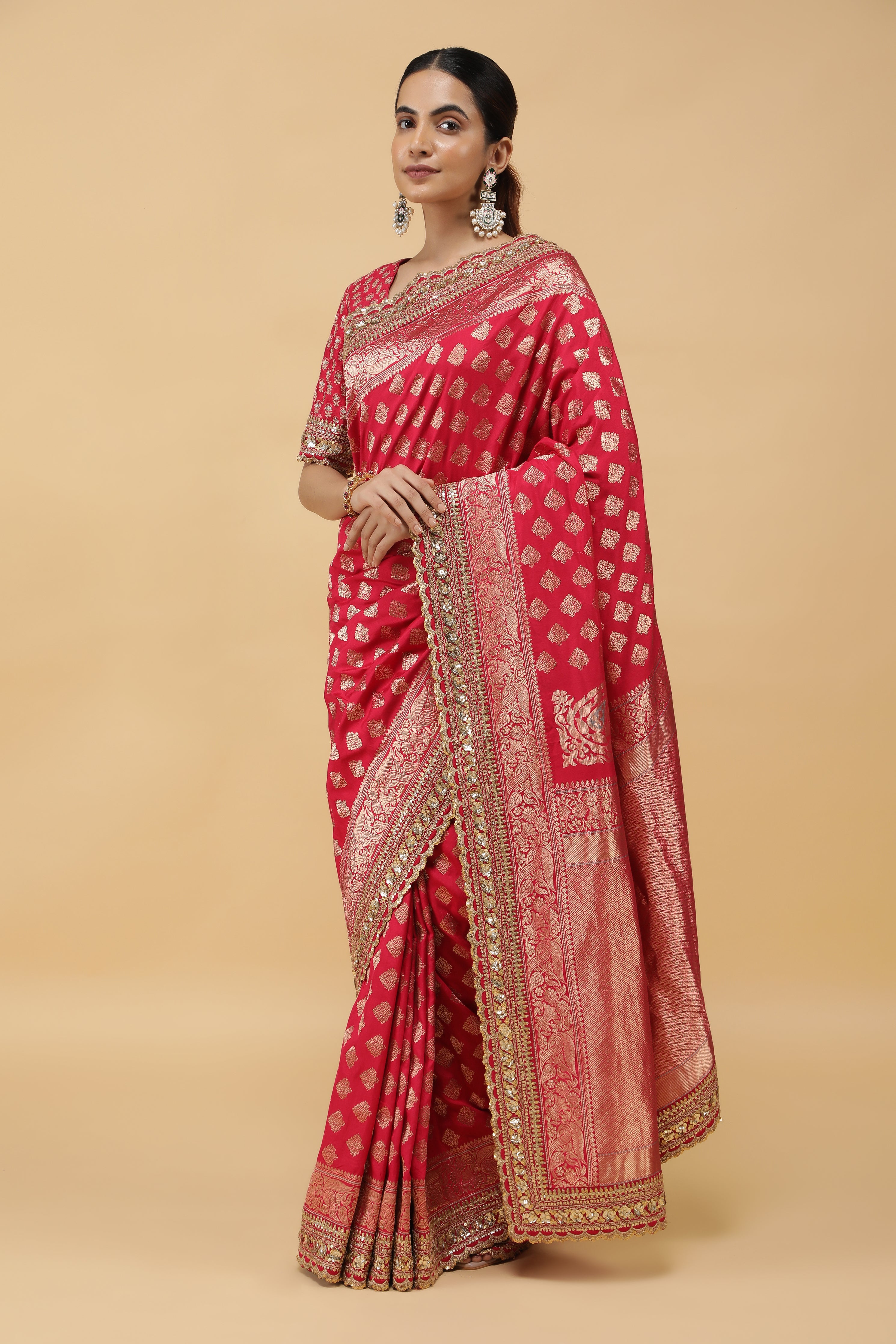 Pinkish Red Banaras Silk Saree with Gold Sequin Zari Border