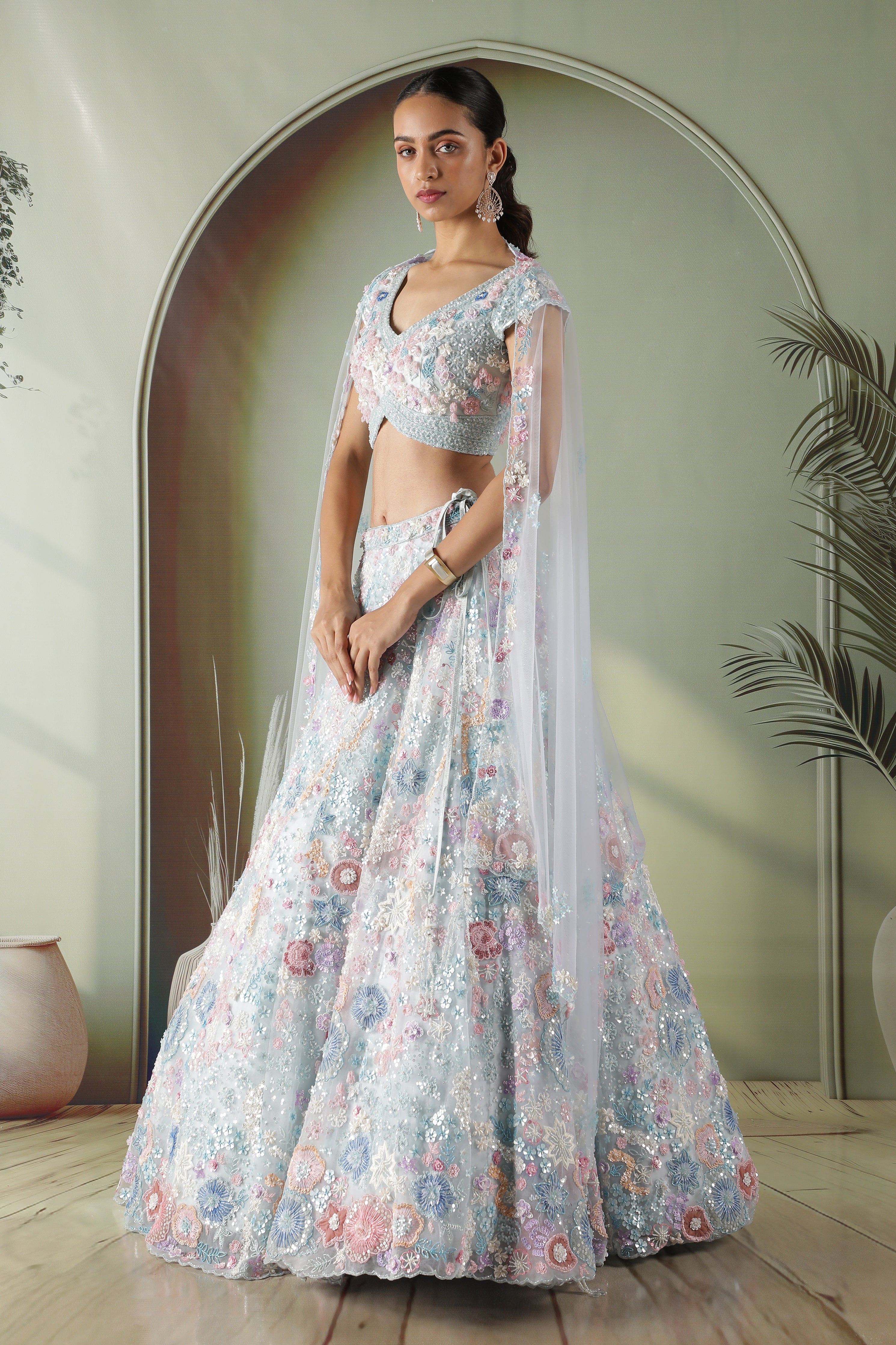 Powder Blue Multicolor Embroidered Net Lehenga Set
