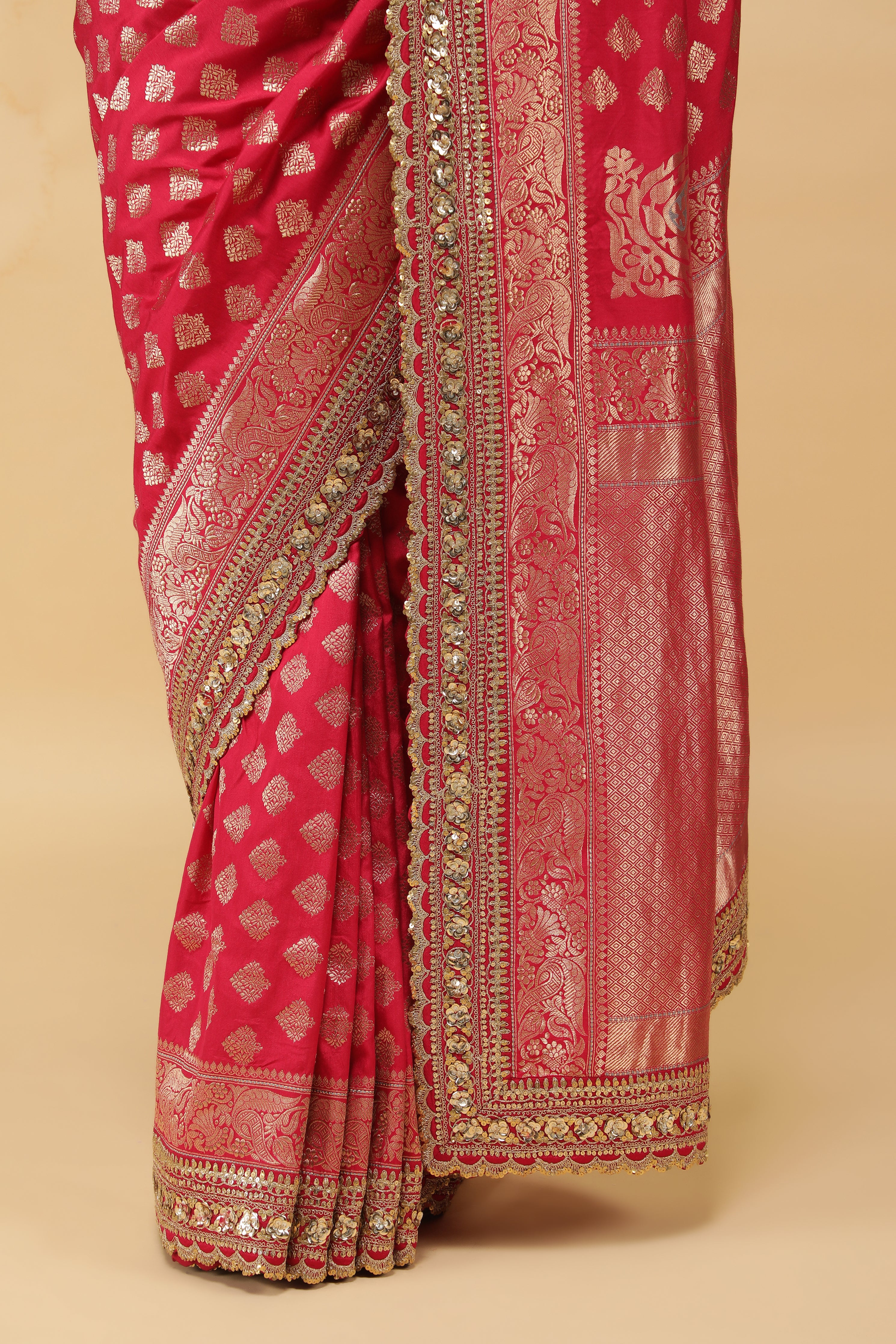 Pinkish Red Banaras Silk Saree with Gold Sequin Zari Border