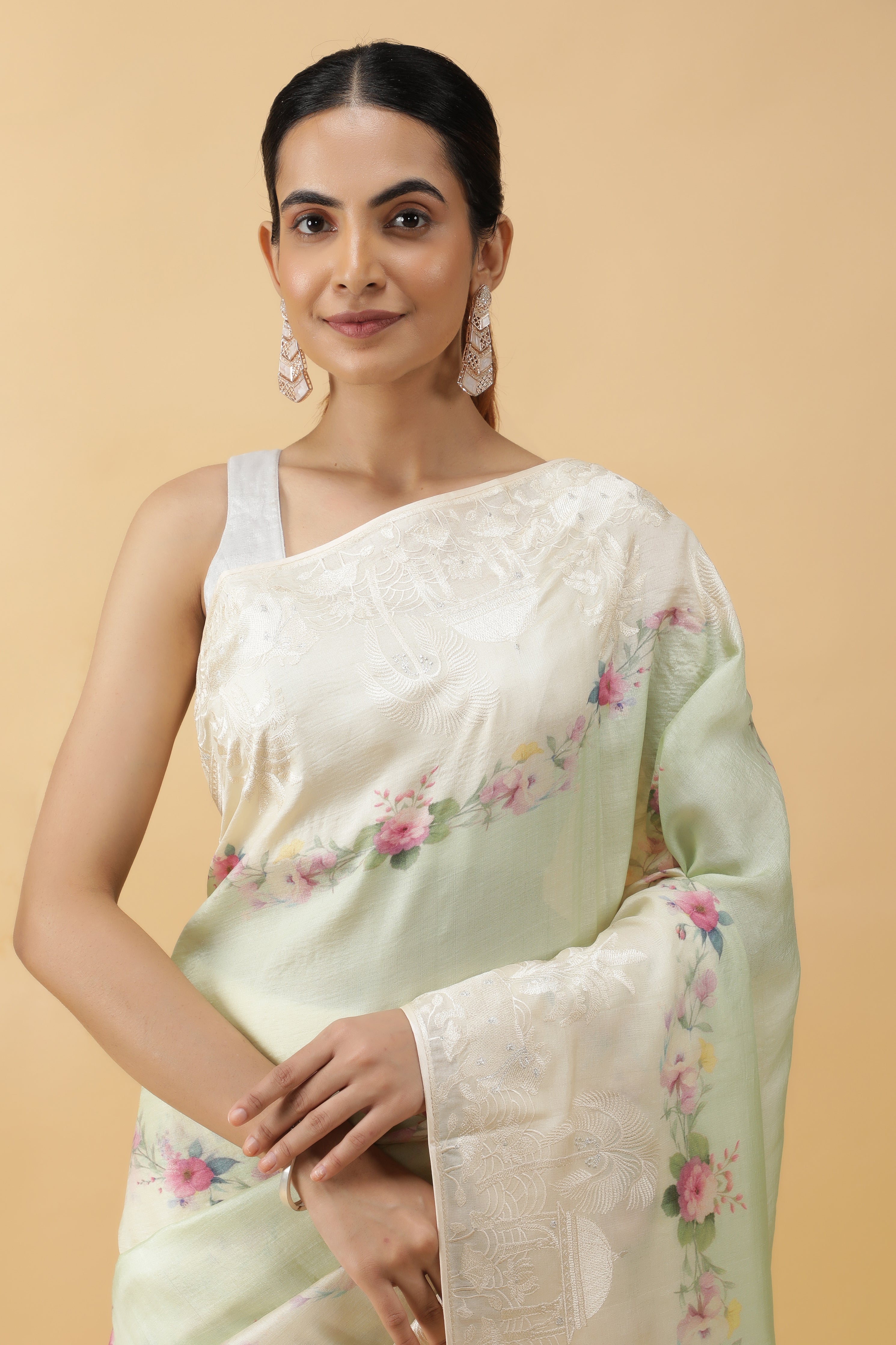 Light Green Tussar Silk Saree with Floral Print