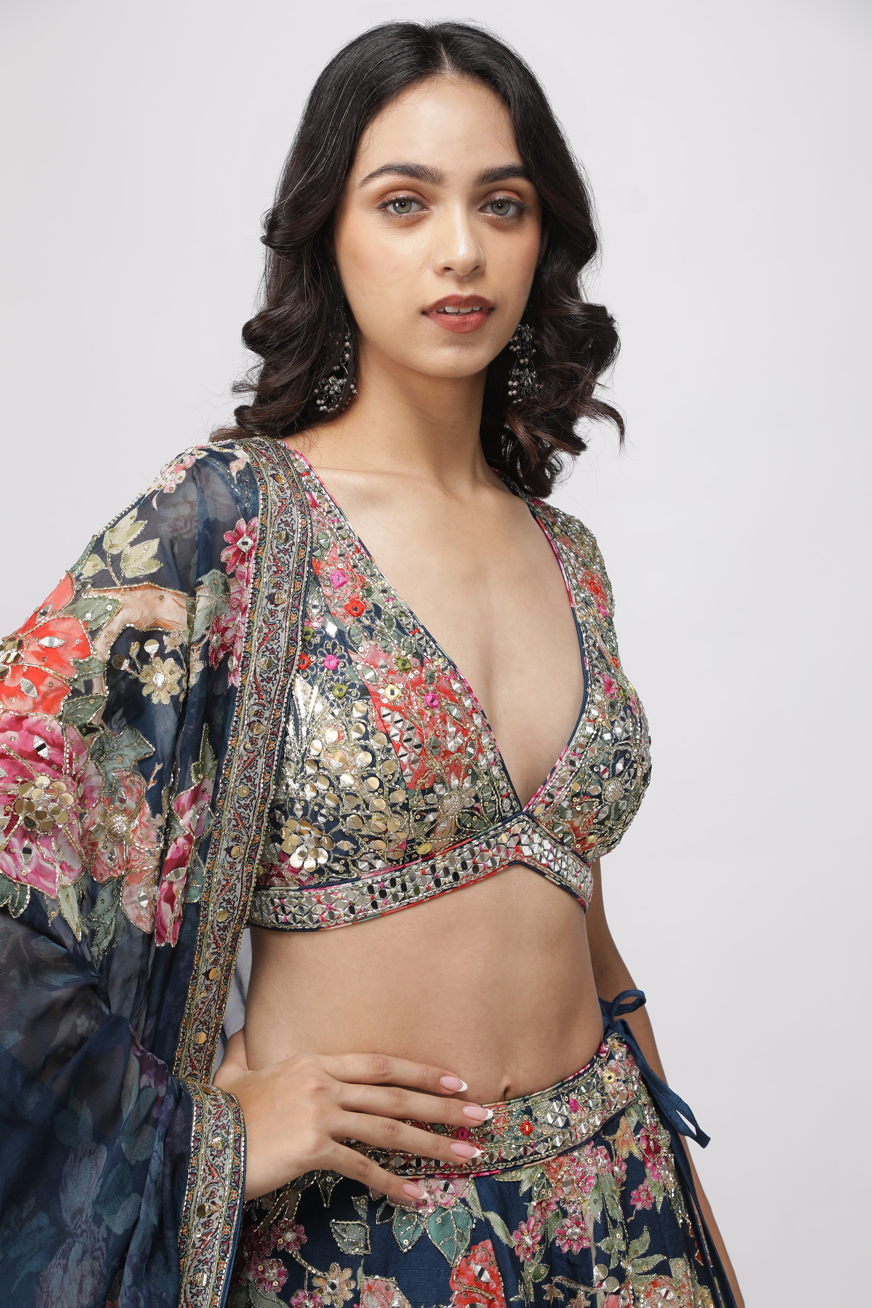 Navy Blue Silk Printed Lehenga Set
