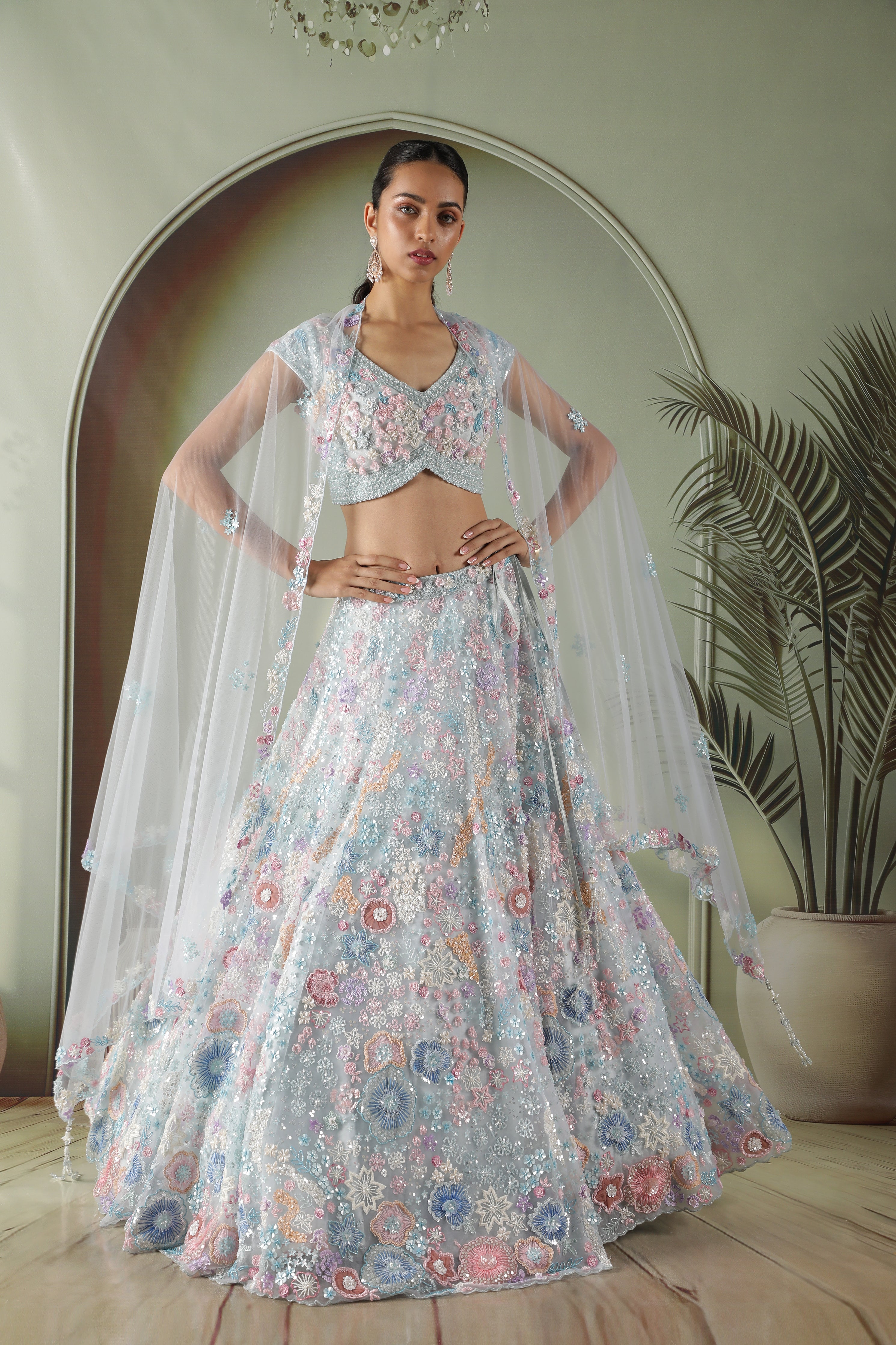 Powder Blue Multicolor Embroidered Net Lehenga Set
