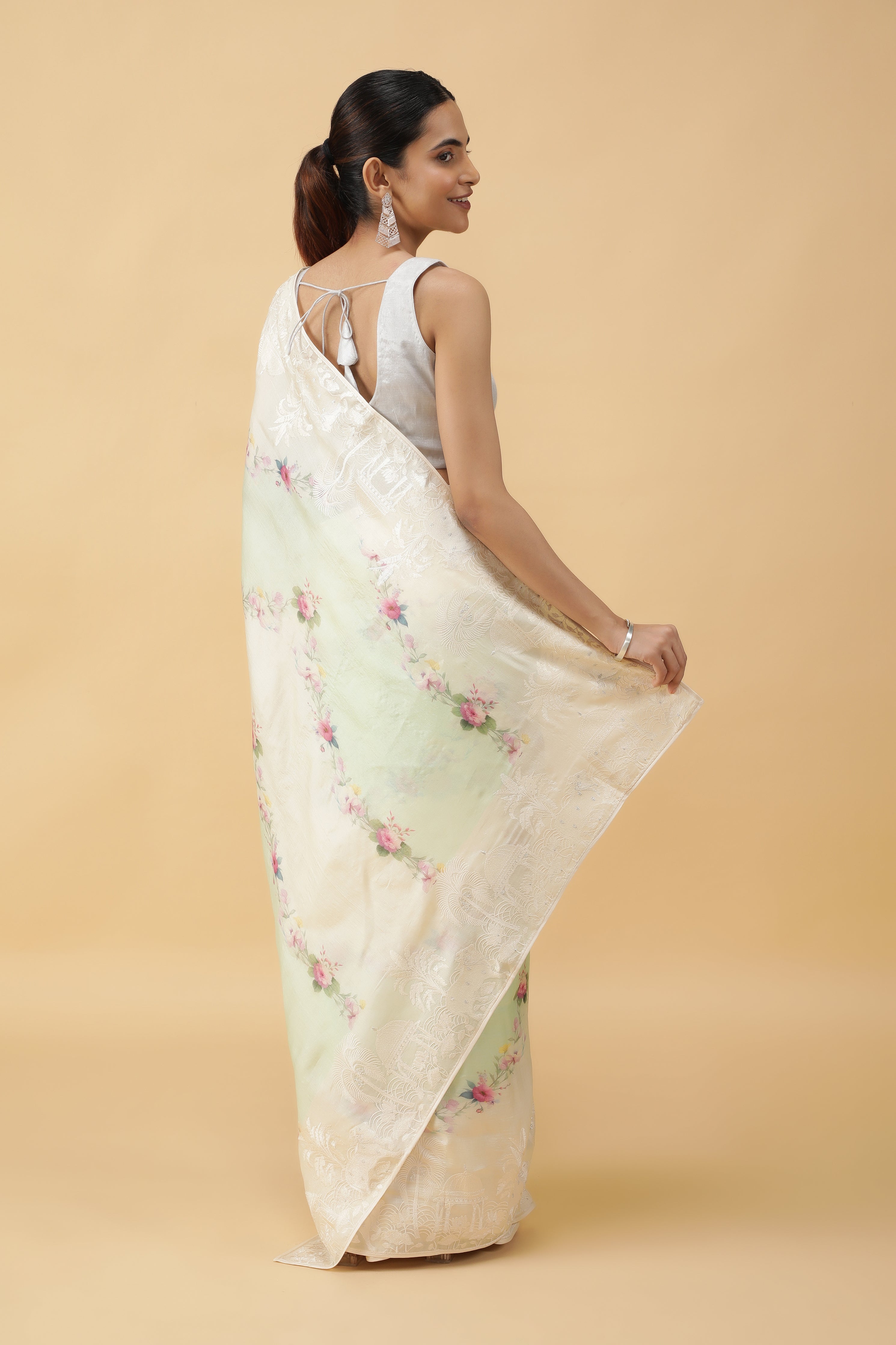 Light Green Tussar Silk Saree with Floral Print