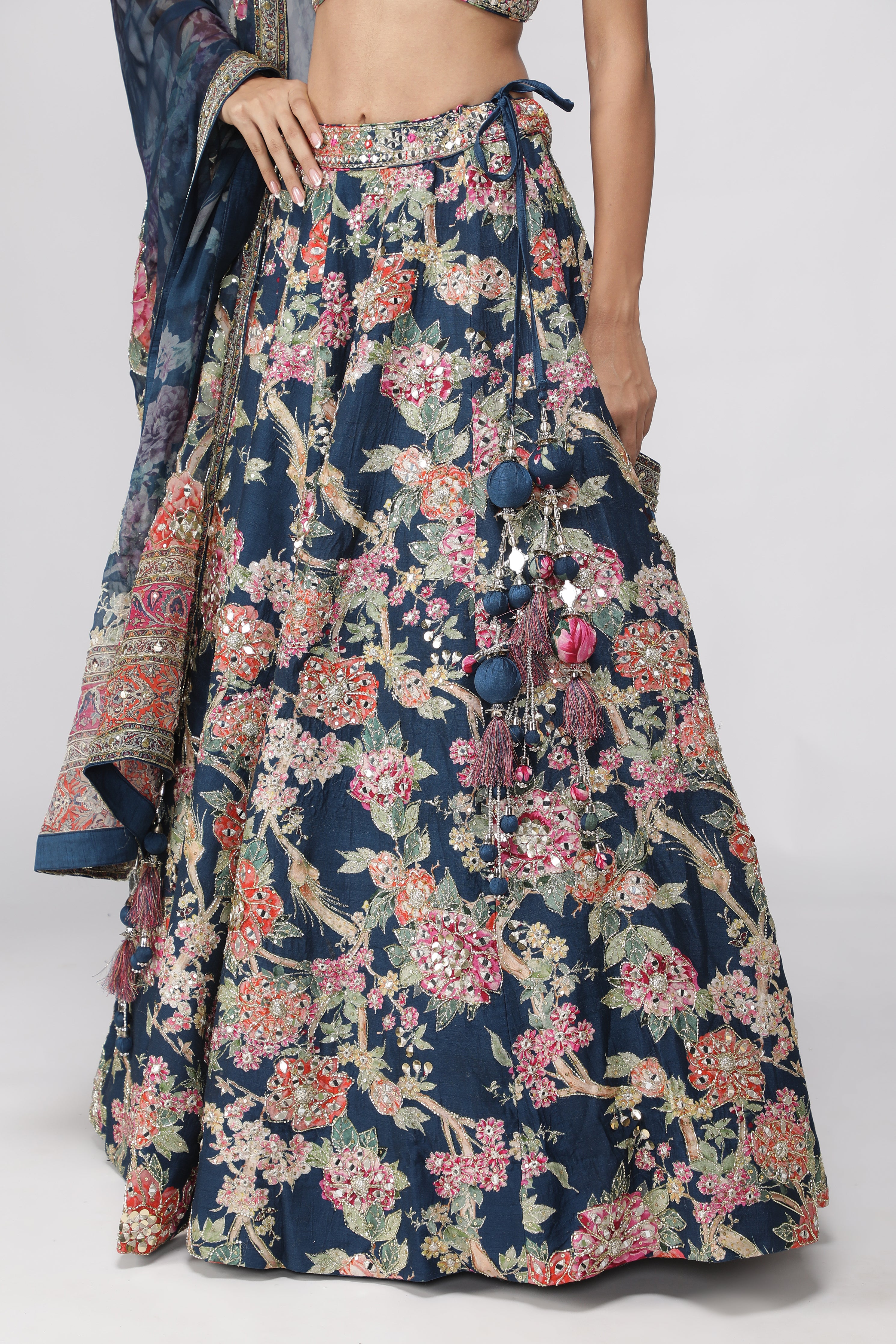 Navy Blue Silk Printed Lehenga Set