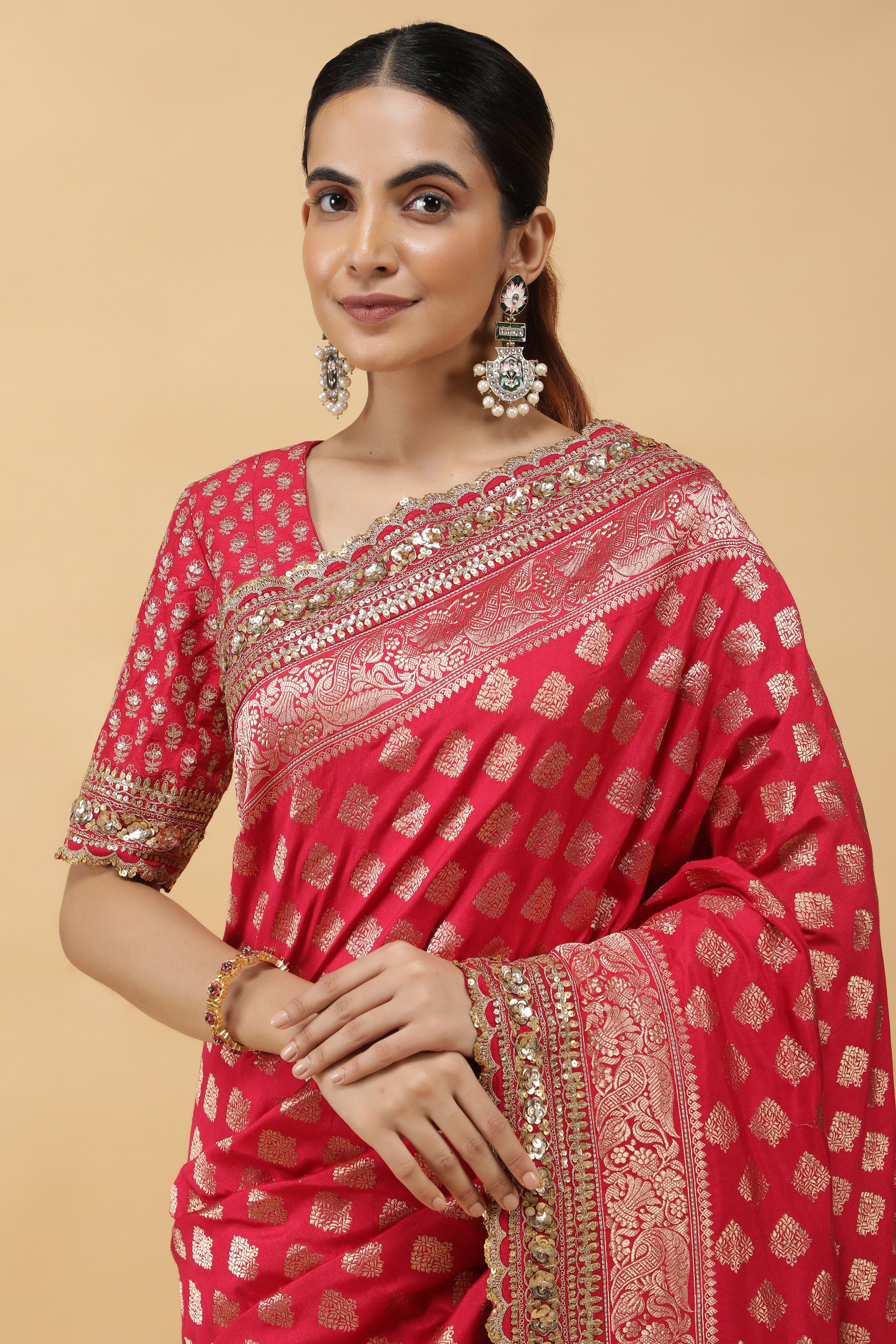 Pinkish Red Banaras Silk Saree with Gold Sequin Zari Border