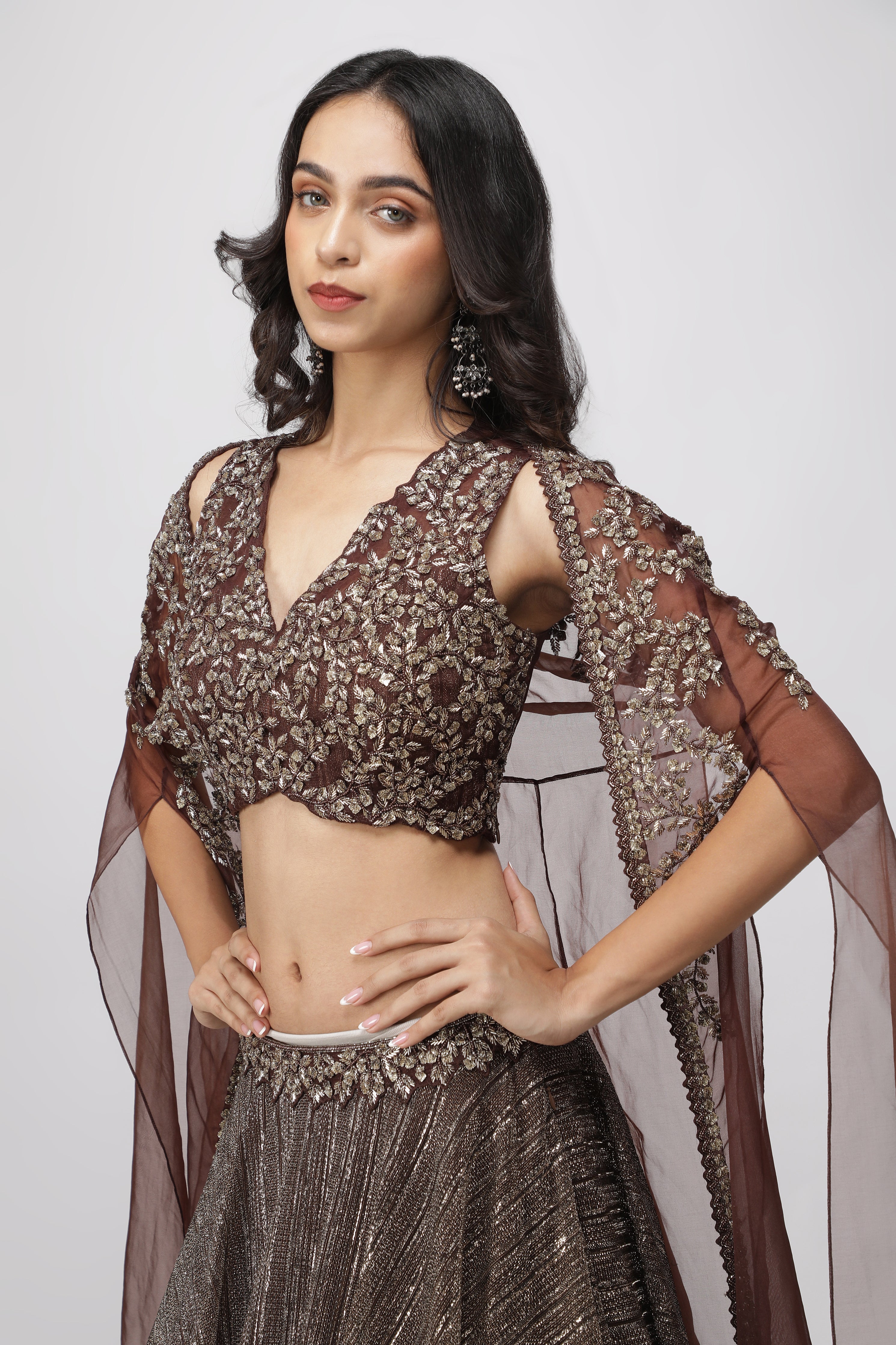 Coffee Brown Jacket Lehenga with Metallic Pearl Embroidery
