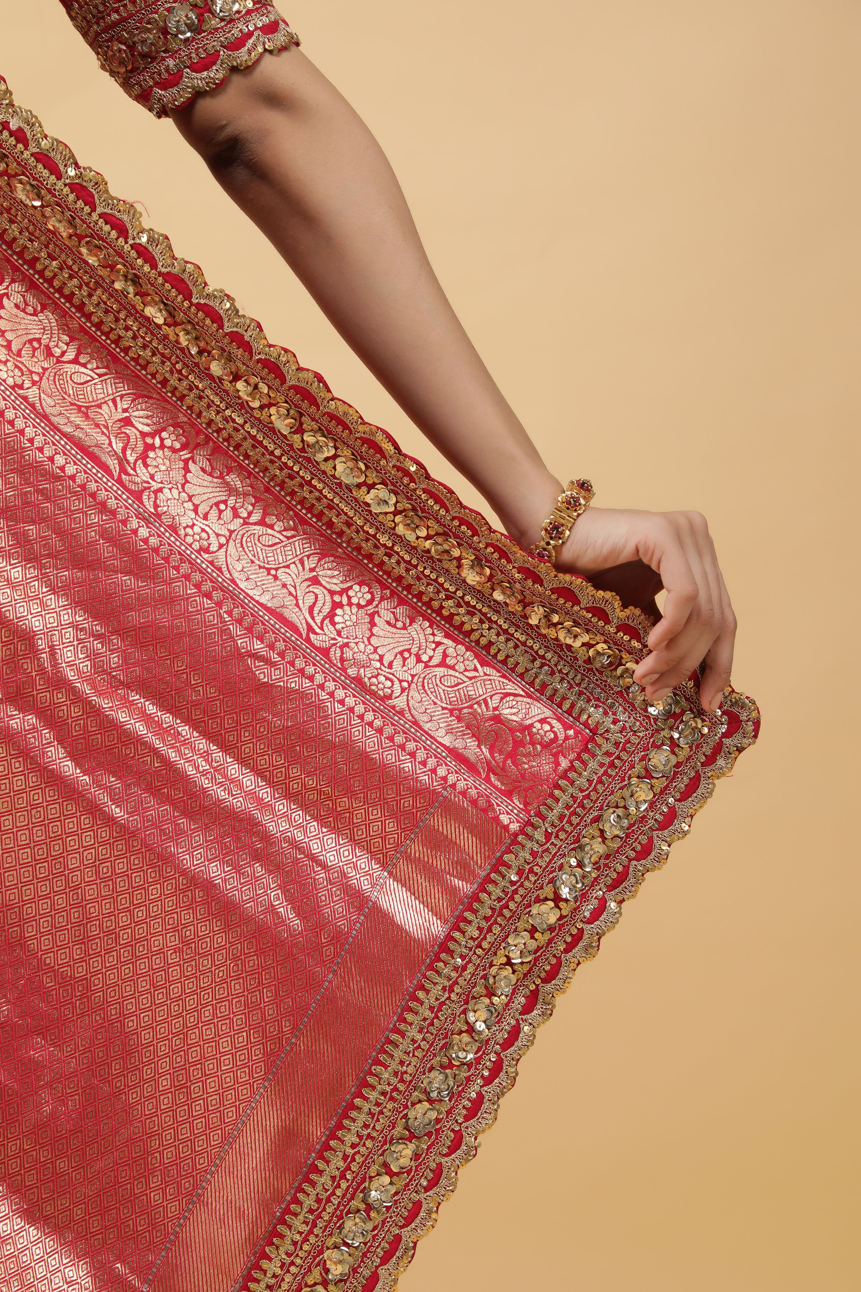 Pinkish Red Banaras Silk Saree with Gold Sequin Zari Border