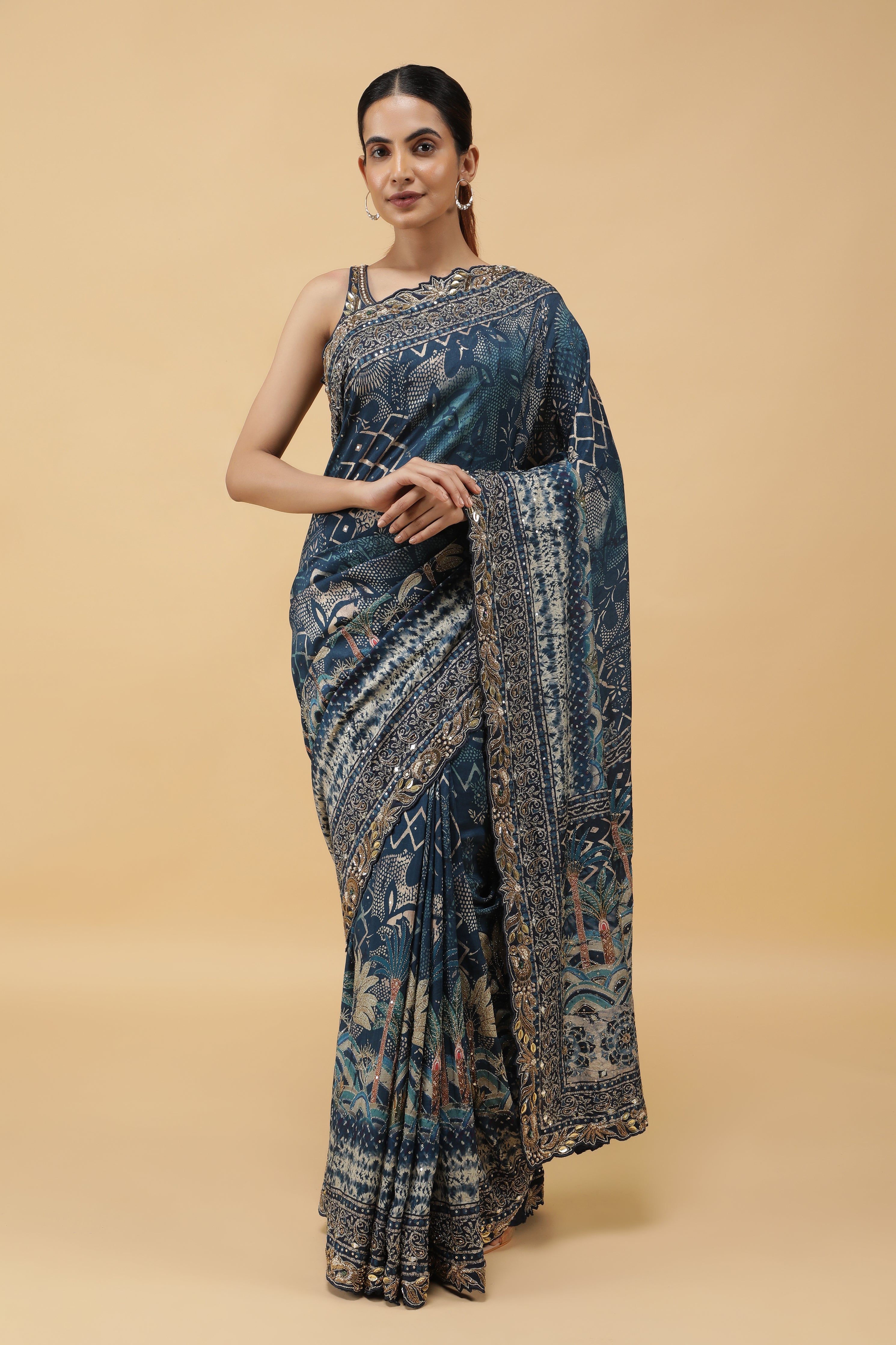 Steel Blue Crepe Silk Saree with Digital Print & Aari Embroidery