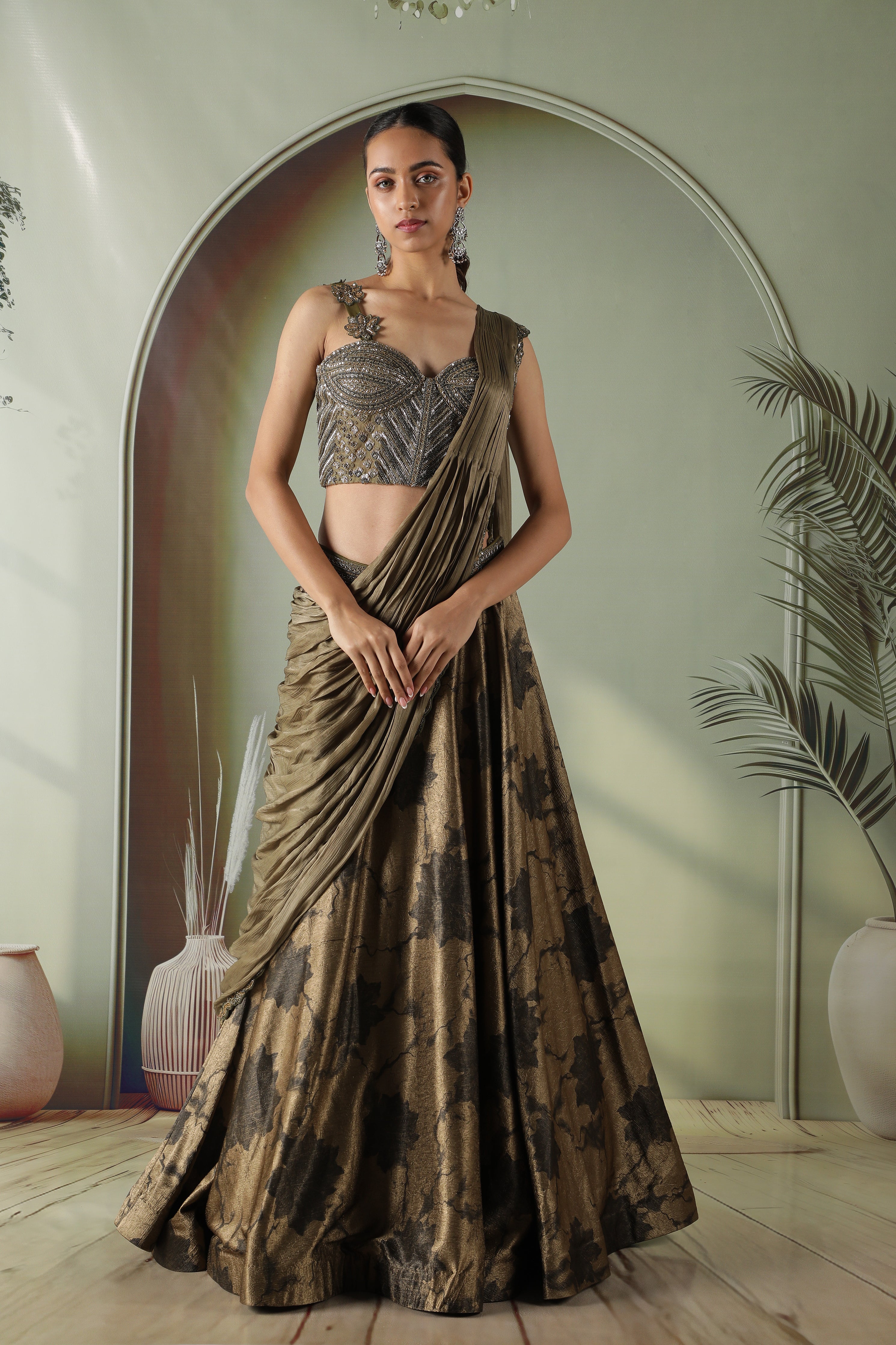 Olive Green Printed Textured Silk Drape Lehenga