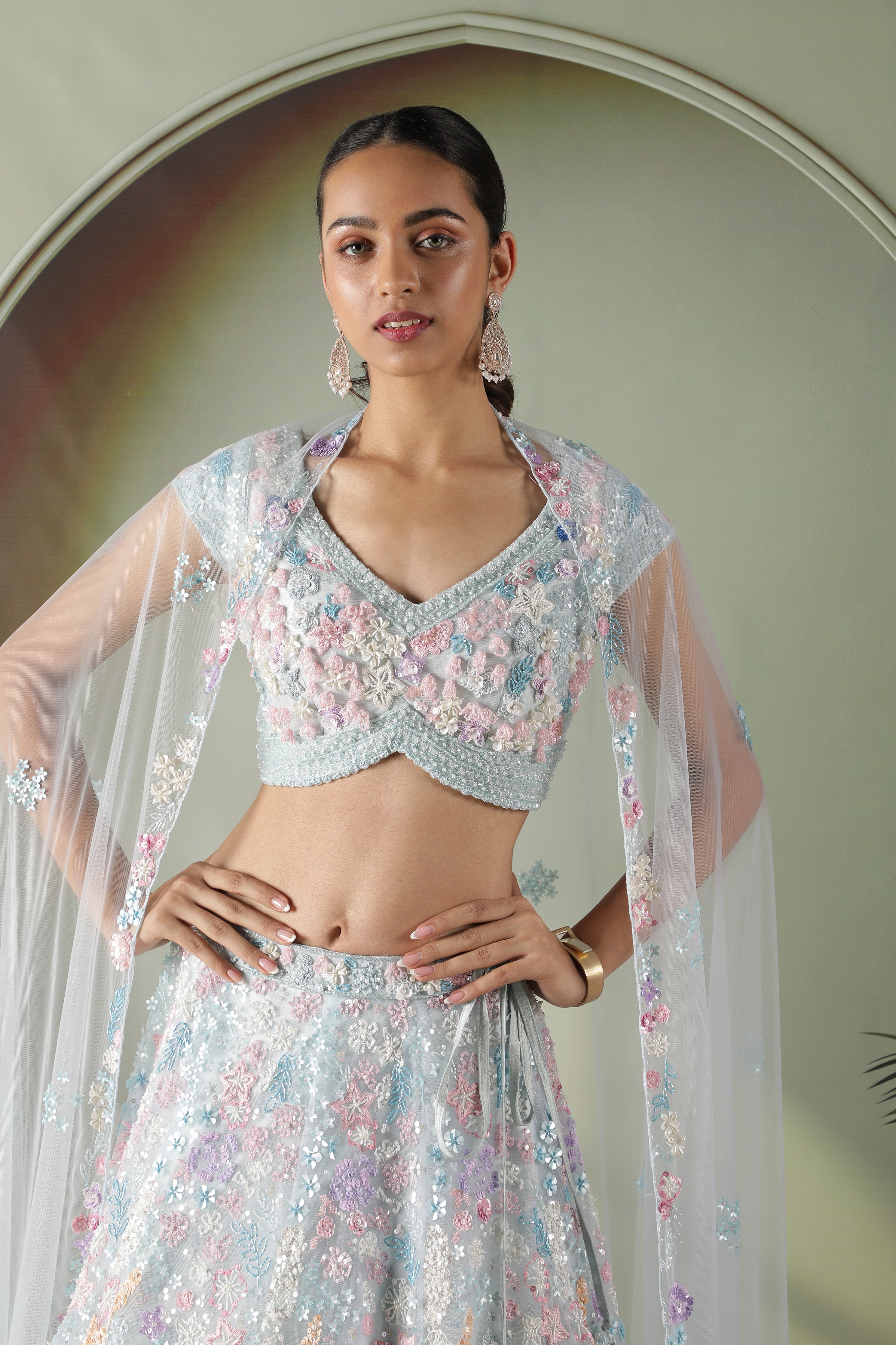 Powder Blue Multicolor Embroidered Net Lehenga Set