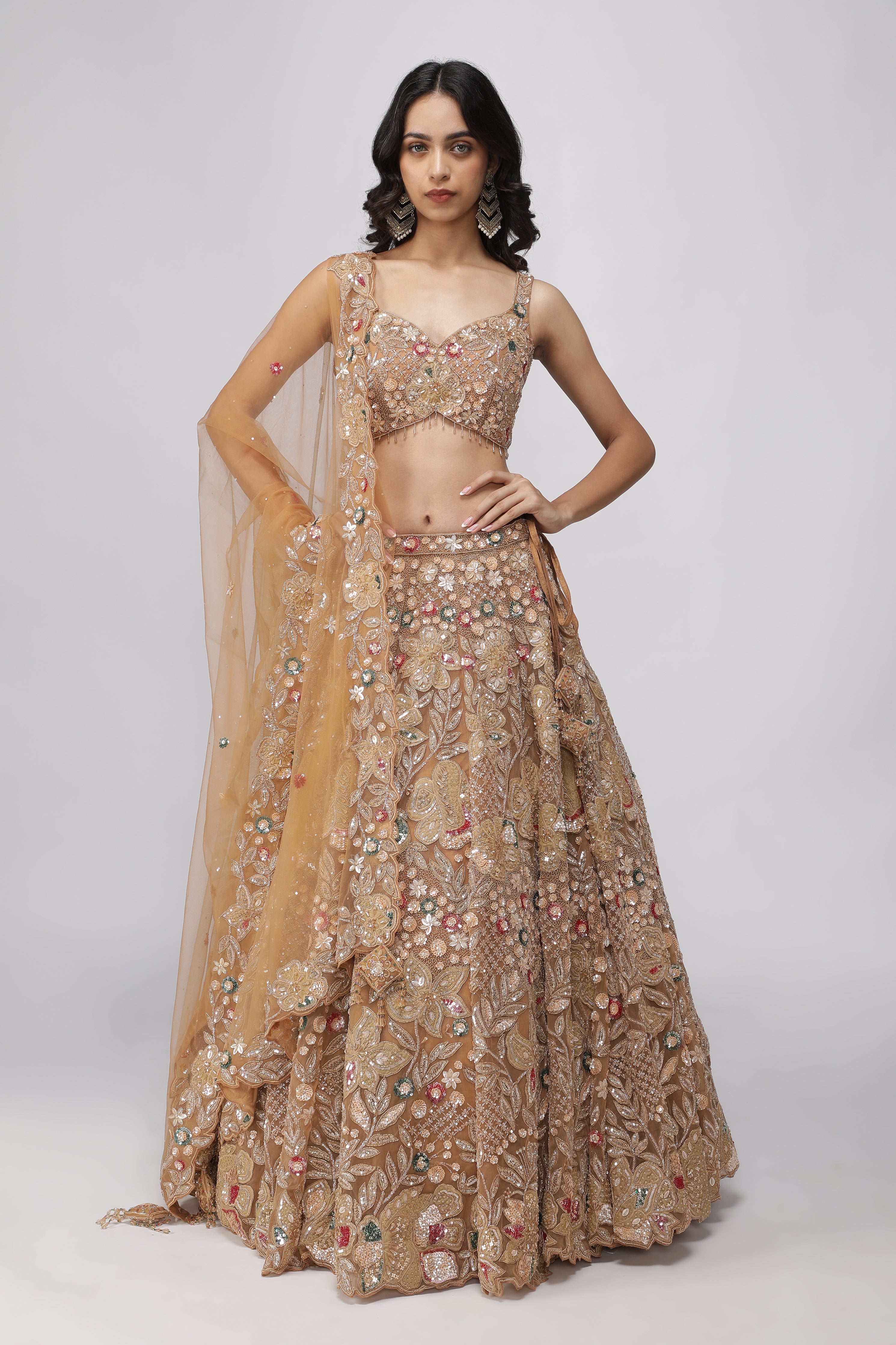 Golden Beige Net Lehenga Set