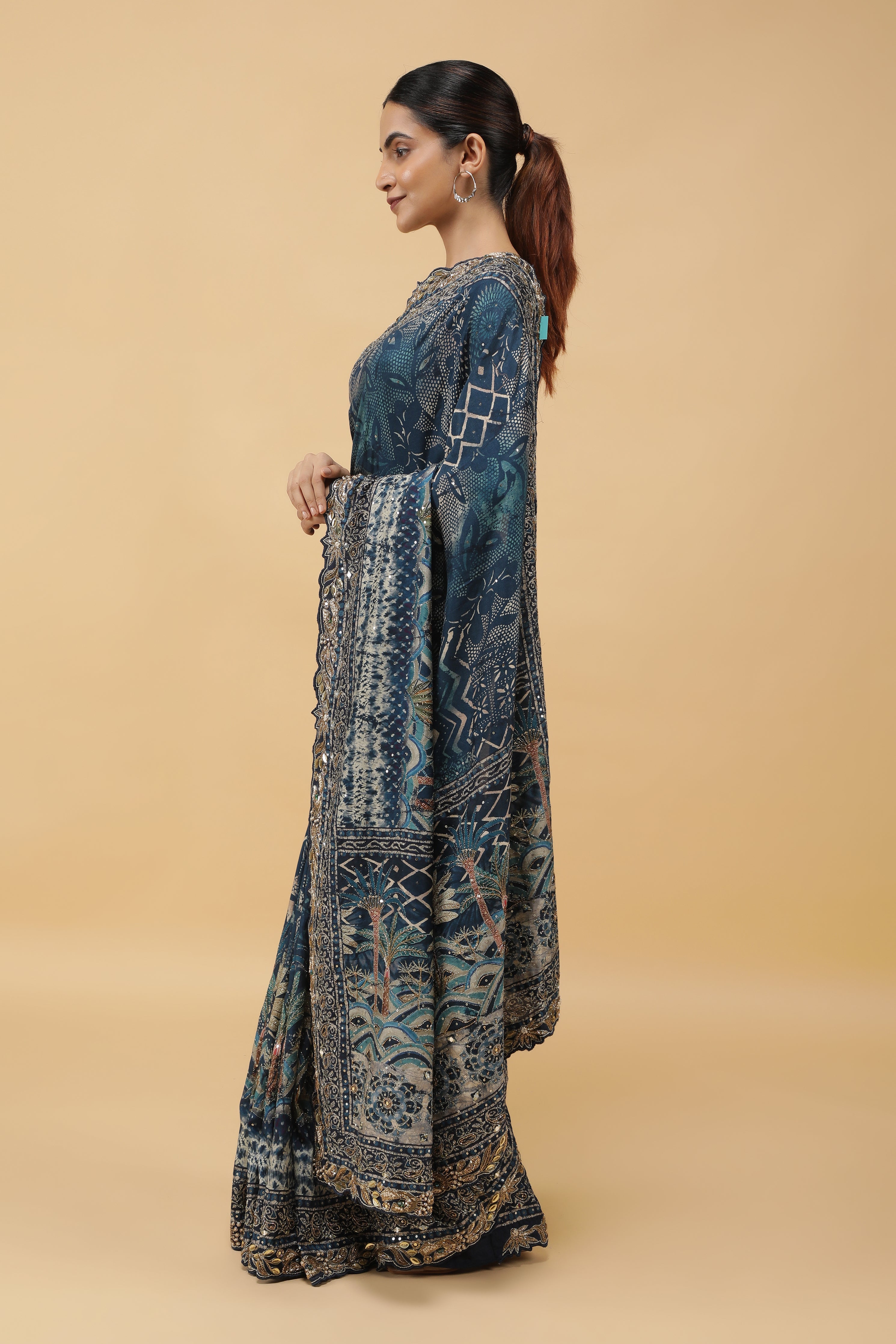 Steel Blue Crepe Silk Saree with Digital Print & Aari Embroidery