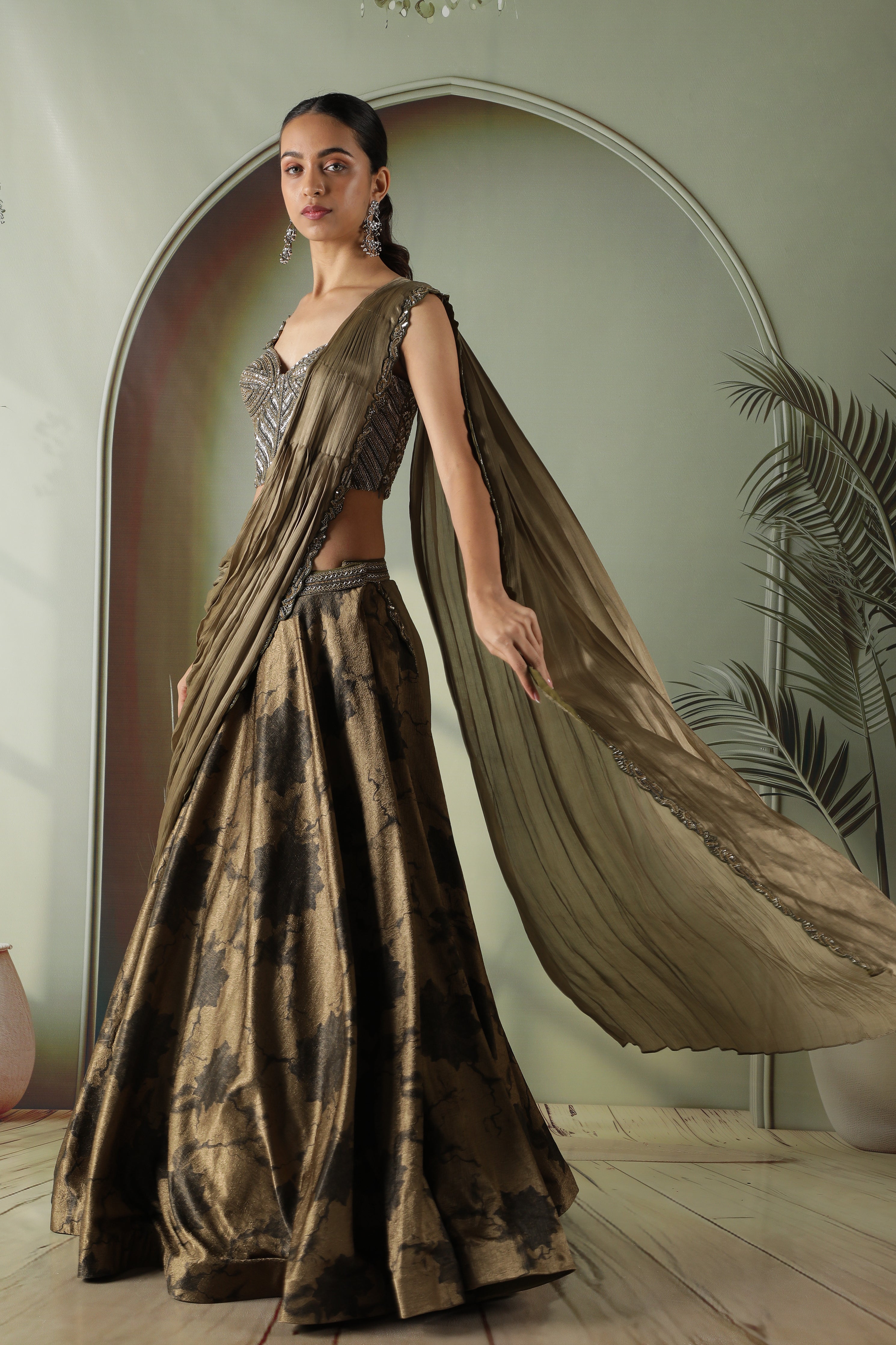 Olive Green Printed Textured Silk Drape Lehenga