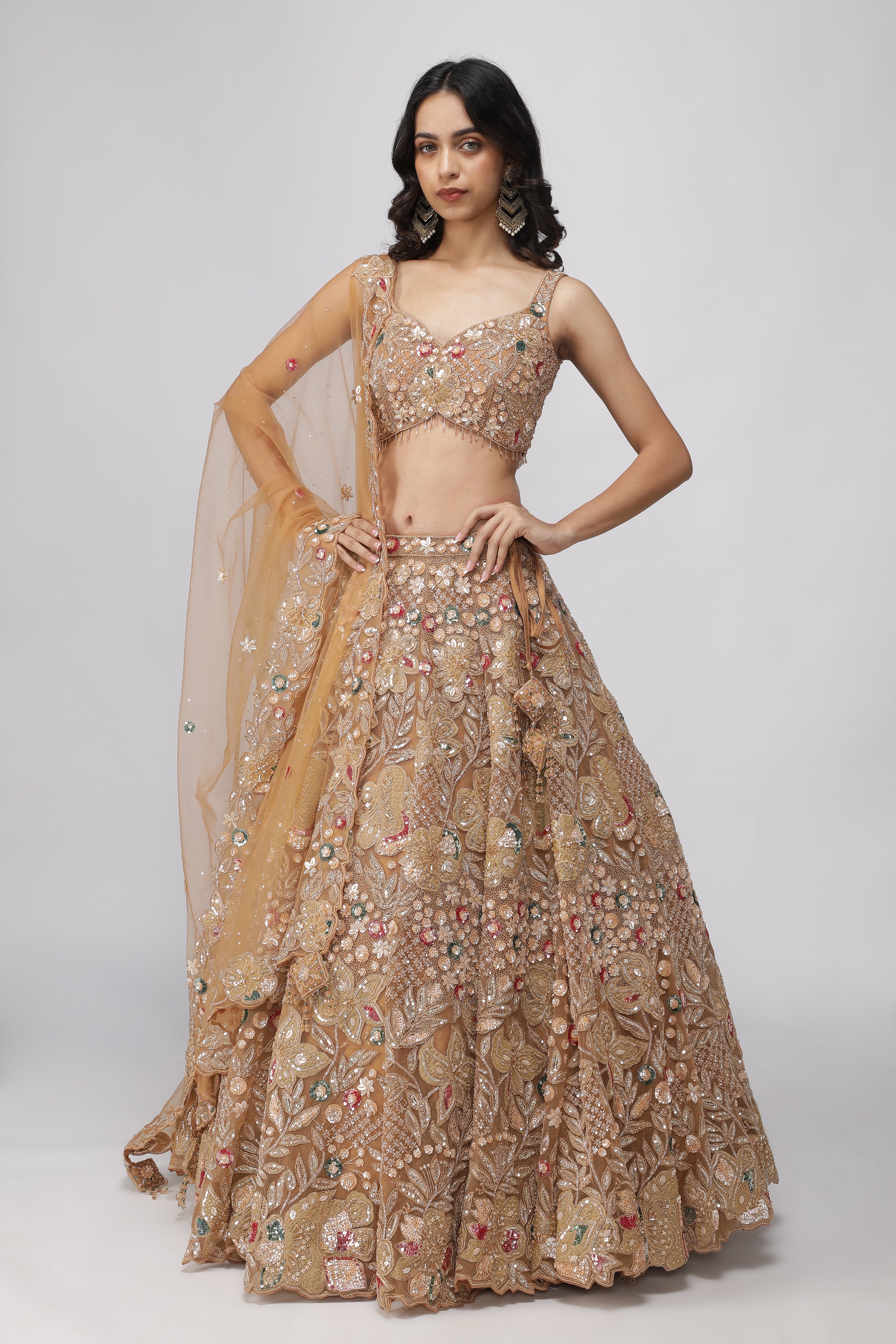 Golden Beige Net Lehenga Set