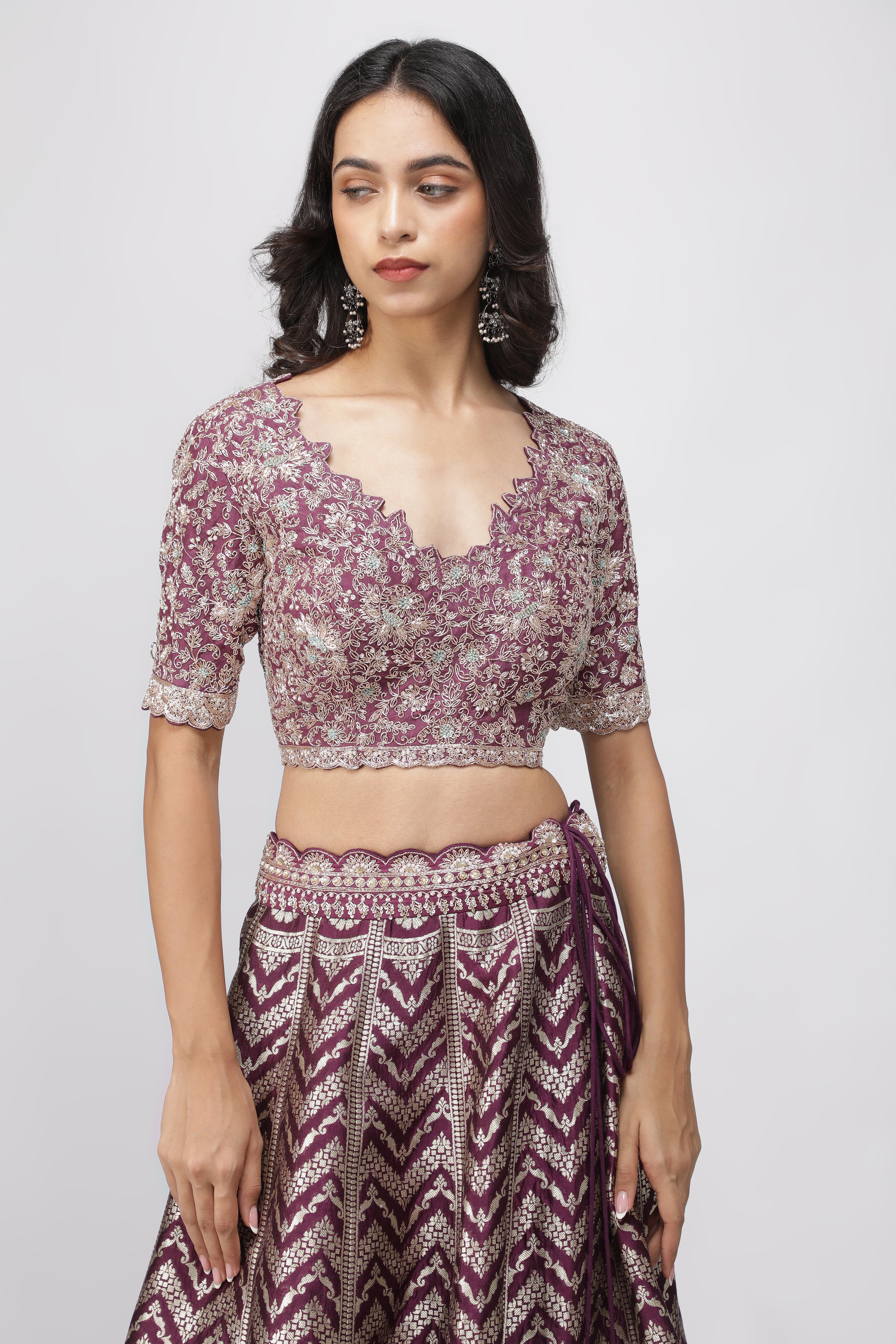 Violet Benarasi Silk Lehenga with Zardozi & French Knot Embroidery